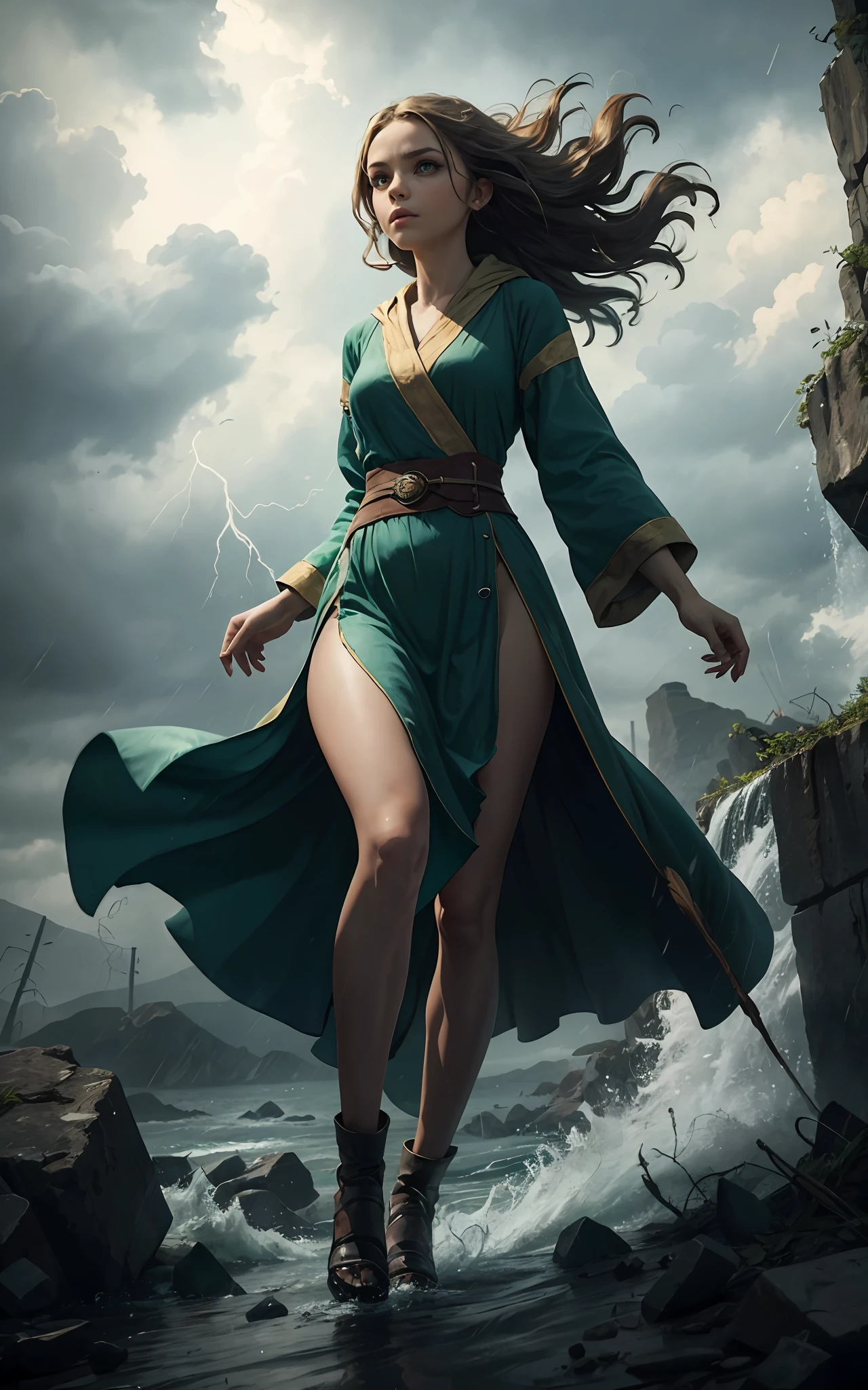 An outstanding beautiful girl standing on cliff painting, (wind:1.6), tornado, (hurricane:1.3), (flowing hair), long lime gradient hair, green big eyes, thin waist, wide hips, green mage robes, magic colors, Ultra HD, 8K, real skin texture, best light, best shadow, action, wizarding world, Prone view, small mouth, small nose, big eyes, cute, full body, perfect body proportions, enhanced contrast, void fragments