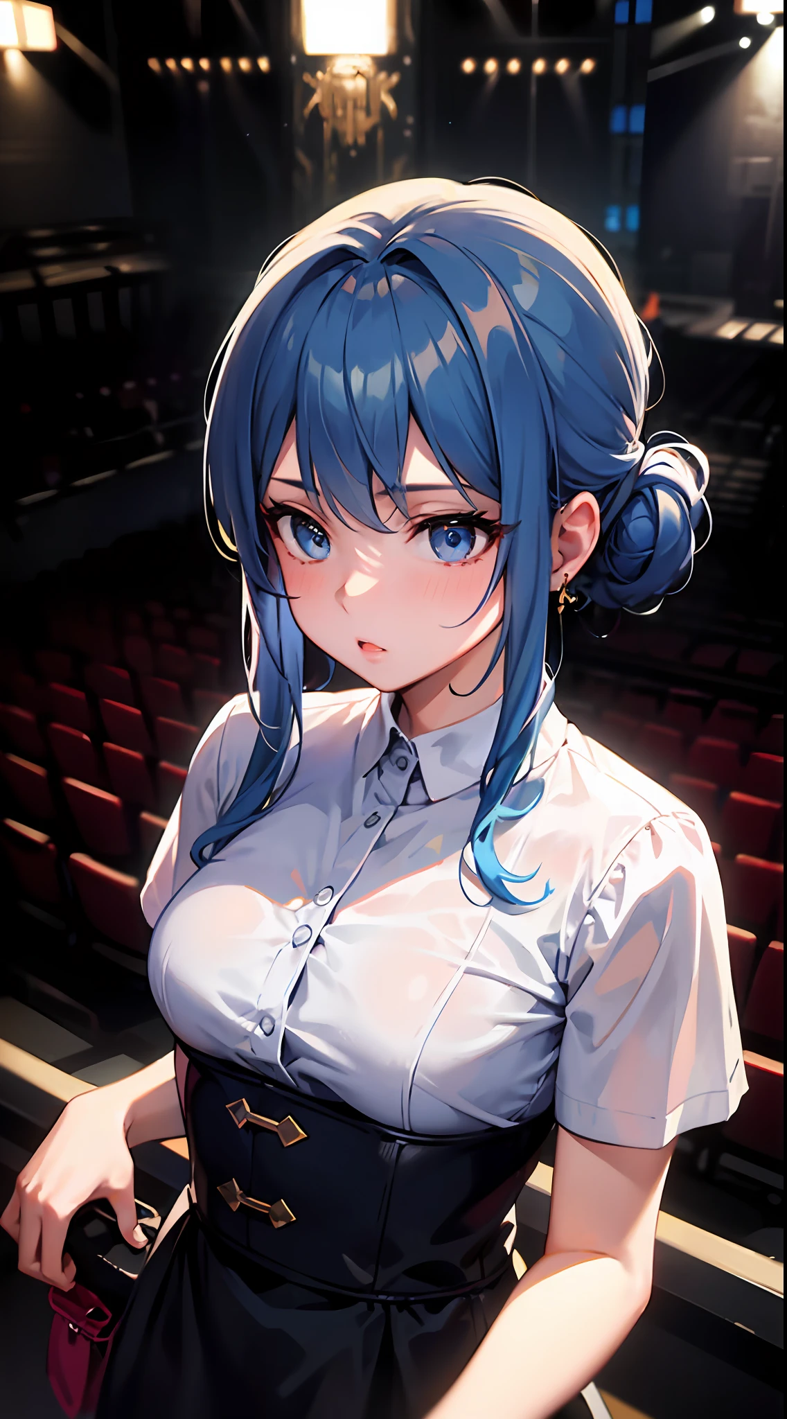 ((masterpiece)), (best quality), (detailed), (1girl), blue hair, blue eyes, updo, white shirt, black dress, looking down on the audience