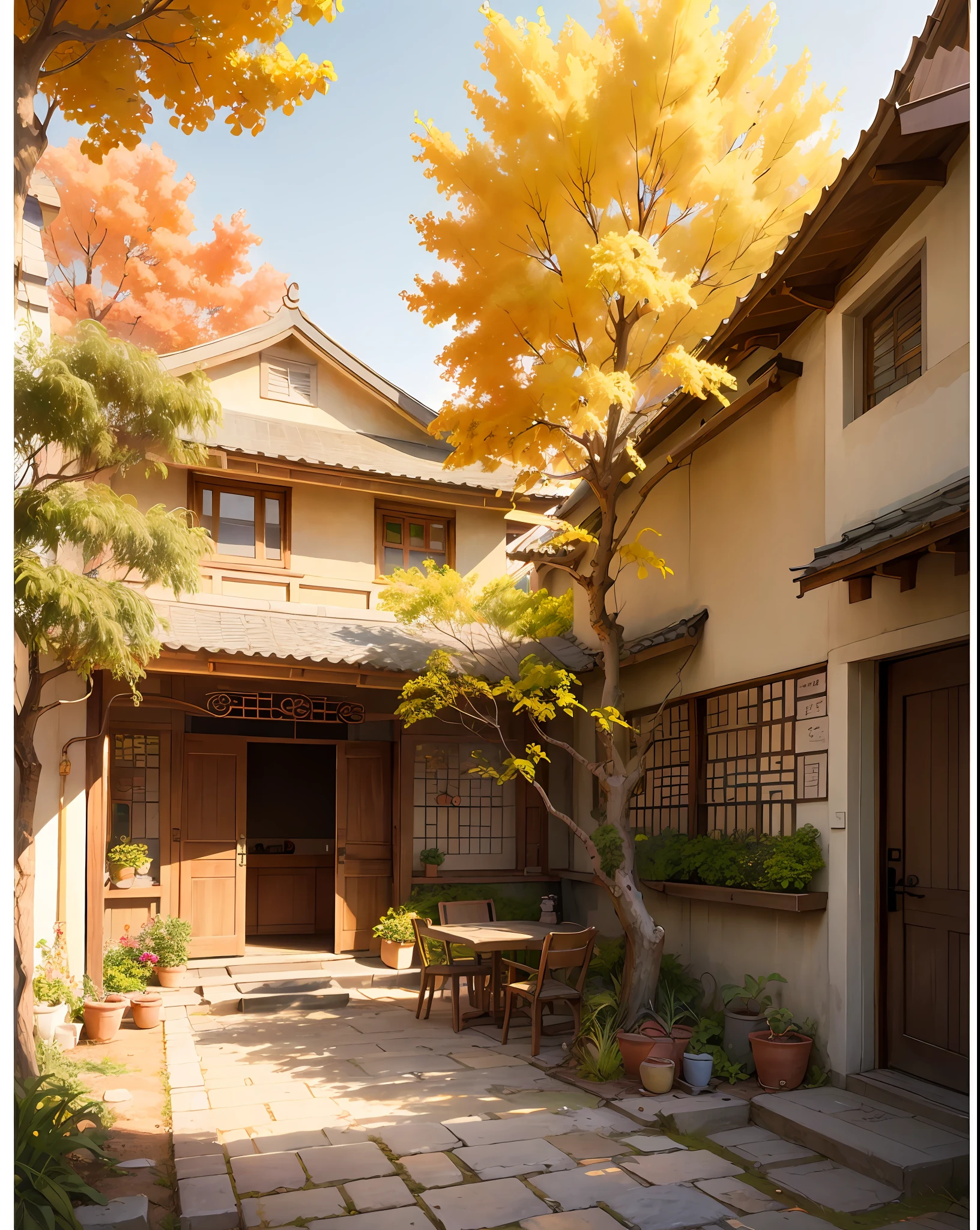 Draw a courtyard with tables and chairs and a tree, Chinese courtyard, the structure of the house is simple in Chinese, warm late autumn warm colors, tables and chairs in the yard, fruit plates on the table, flowers and plants around, beautiful artwork illustrations, landscape artwork, autumn, Zhou Chen, there is a persimmon tree, full of red persimmons, lens wide angle, far view, master works, anime background art, Studio Ghibli art, Studio Ghibli environment, beautiful digital painting, detailed scenery - width 672, Studio Ghibli style, Studio Ghibli Sunshine, beautiful digital artwork, painted by Ni Yuanlu, Studio Ghibli painting style