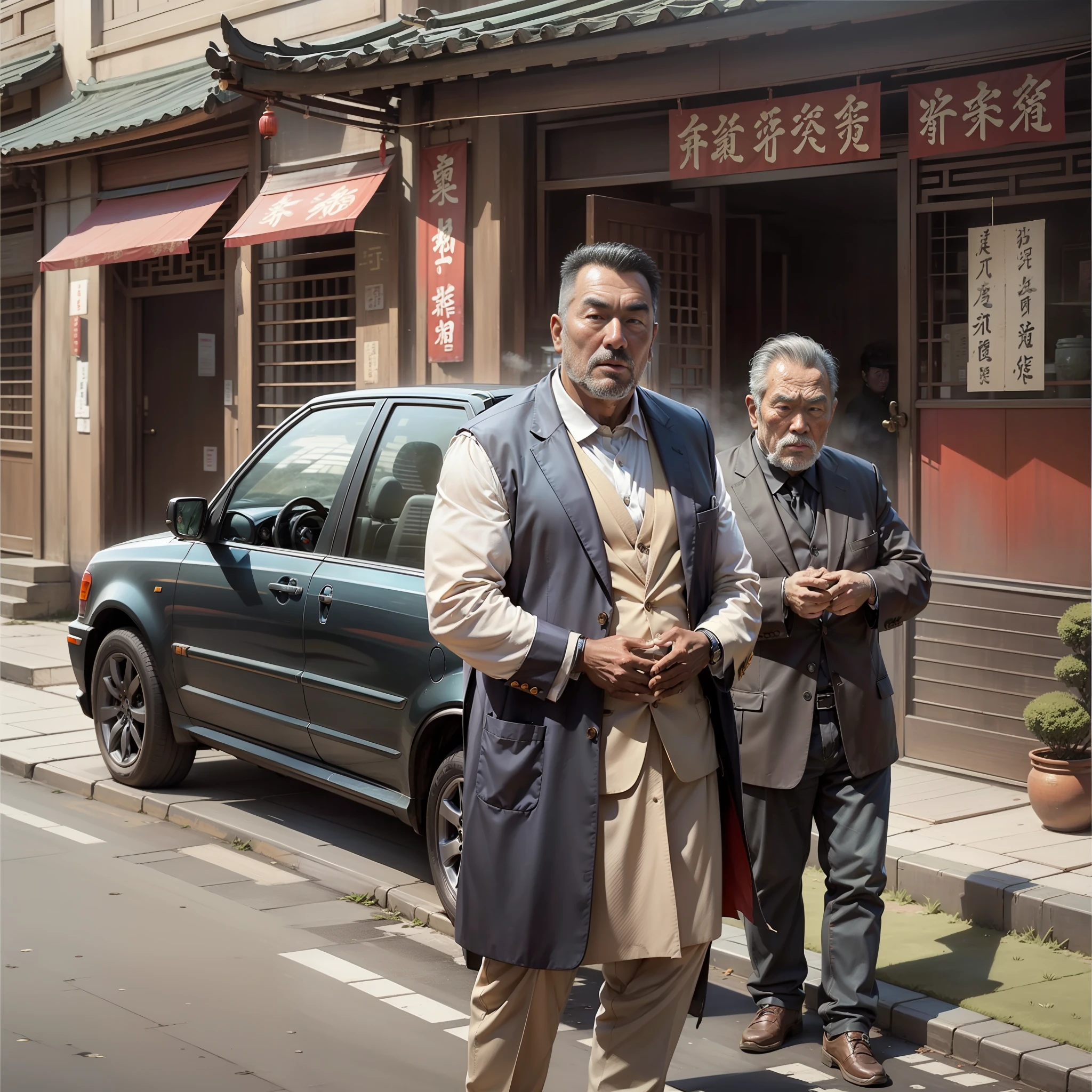 A black car is parked in front of an old Chinese house，A burly man stood next to the black car