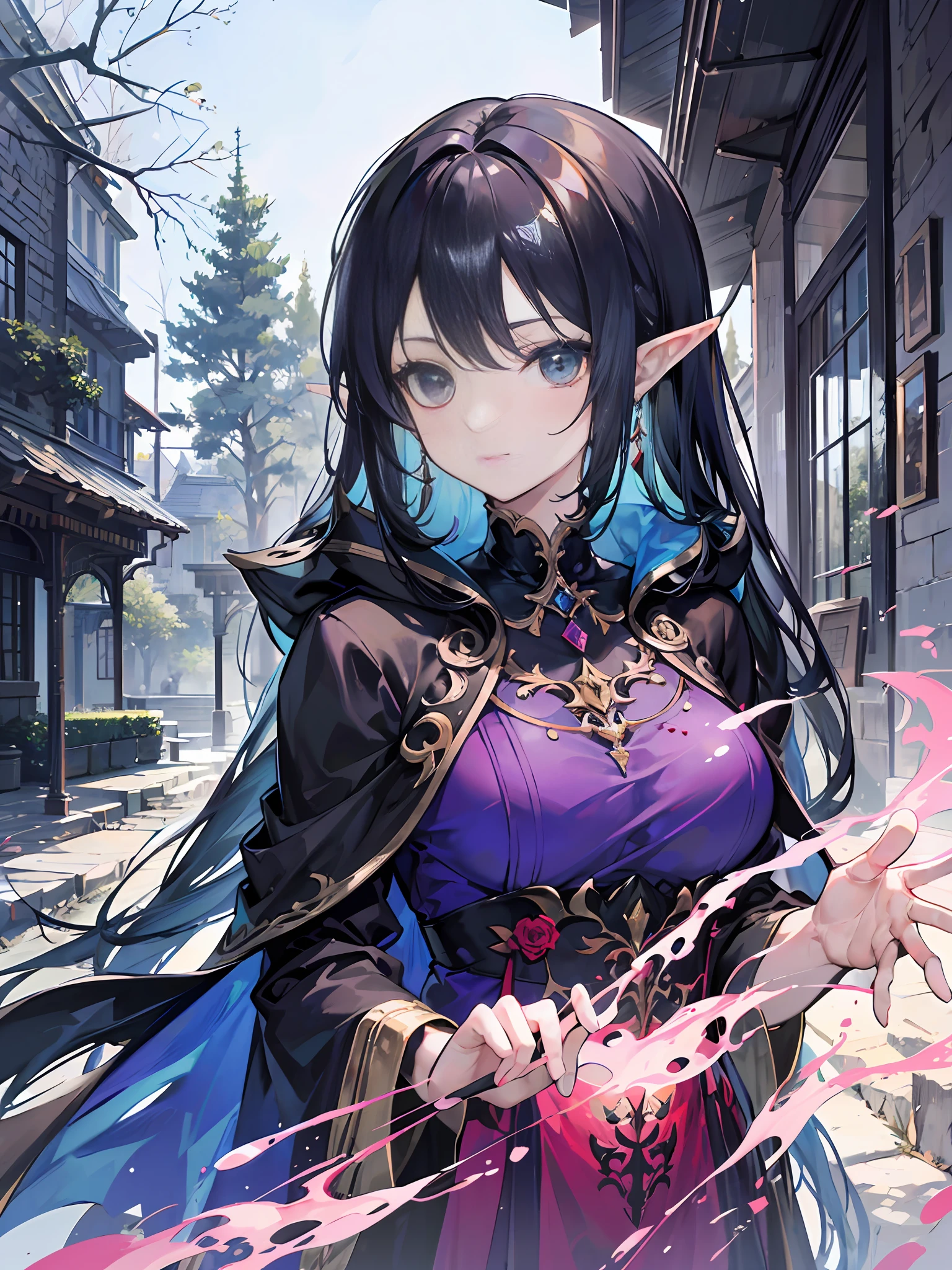 femele,((Refinement)),[pointy-eared|the elf],cabelos preto e longos,(Refinement:0.9)((Simple clothing:1.5)))，{{Hand correction}},[Clear  eyes],((exteriors)),(((ln the forest)))