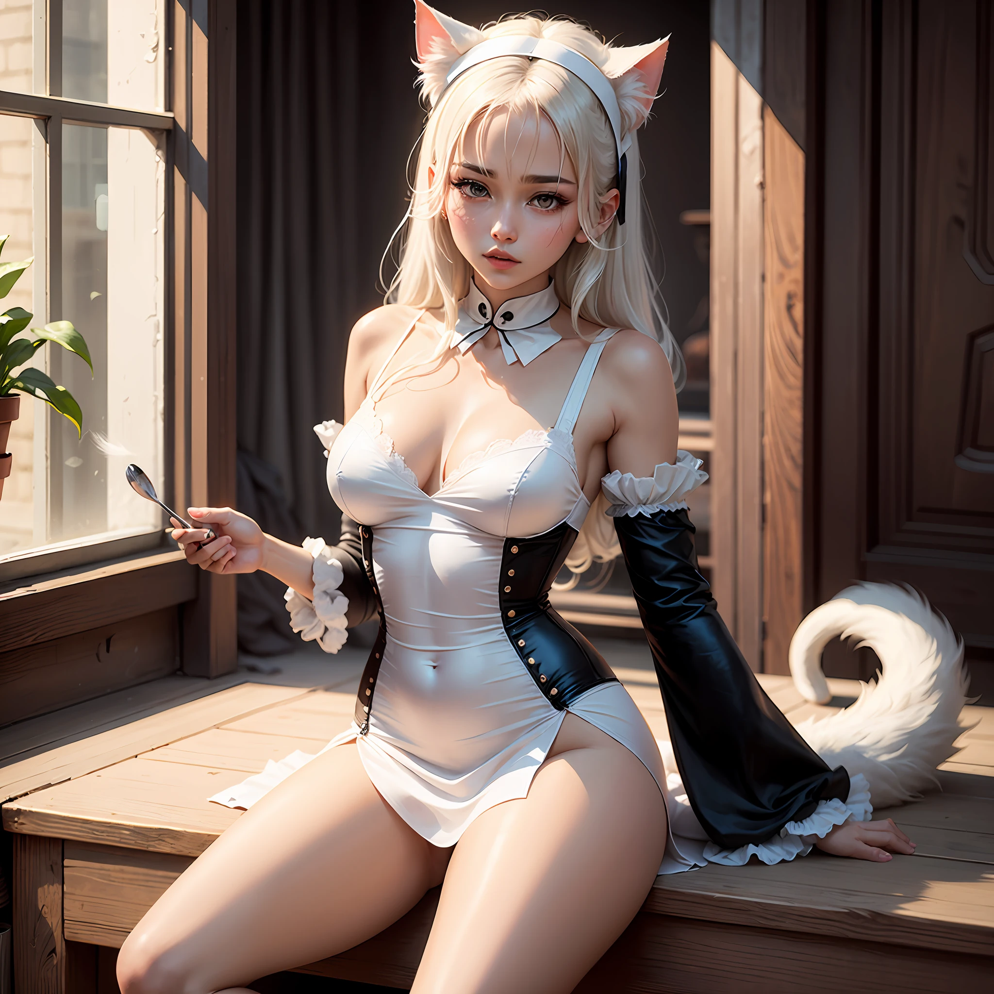 White silk cat ears white fur maid outfit --auto