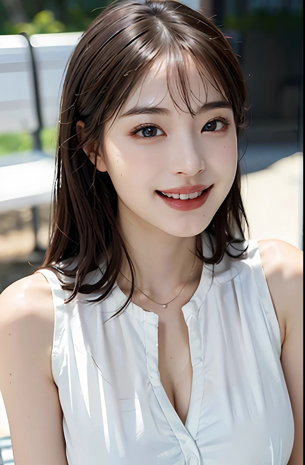 (A hyper-realistic), (illustratio), (hight resolution), (8K), (ighly detailed), (The best illustrations), (beatiful detailed eyes), (top-quality), (ultra-detailliert), (masterpiece), (wall-paper), (详细的脸), a bed、Upper body close-up,Armpit, A smile,Plump,独奏,Girl in white tank top with open chest, full of sweat, japanes, large full breasts, (camel's toe)、huge-breasted、Detailed, well-groomed white teeth、Ultimate Beauty、shot on the Canon EOS R 6、full of sweat、(beautiful detailed teeth)、Silver necklace、Park with sunshine、Perfect and beautiful female hands、Perfect tooth alignment、Perfect fingers、Light makeup、On a park bench、