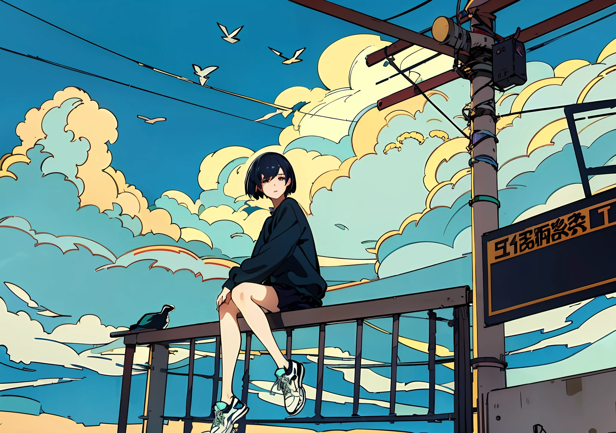 anime girl sitting on a railing looking at the sky, lofi girl, lofi art, lofi artstyle, anime style 4 k, anime aesthetic, anime style illustration, girl clouds, lofi, conrad roset and makoto shinkai, anime asthetic, anime art wallpaper 4 k, makoto shinkai cyril rolando, anime art wallpaper 4k