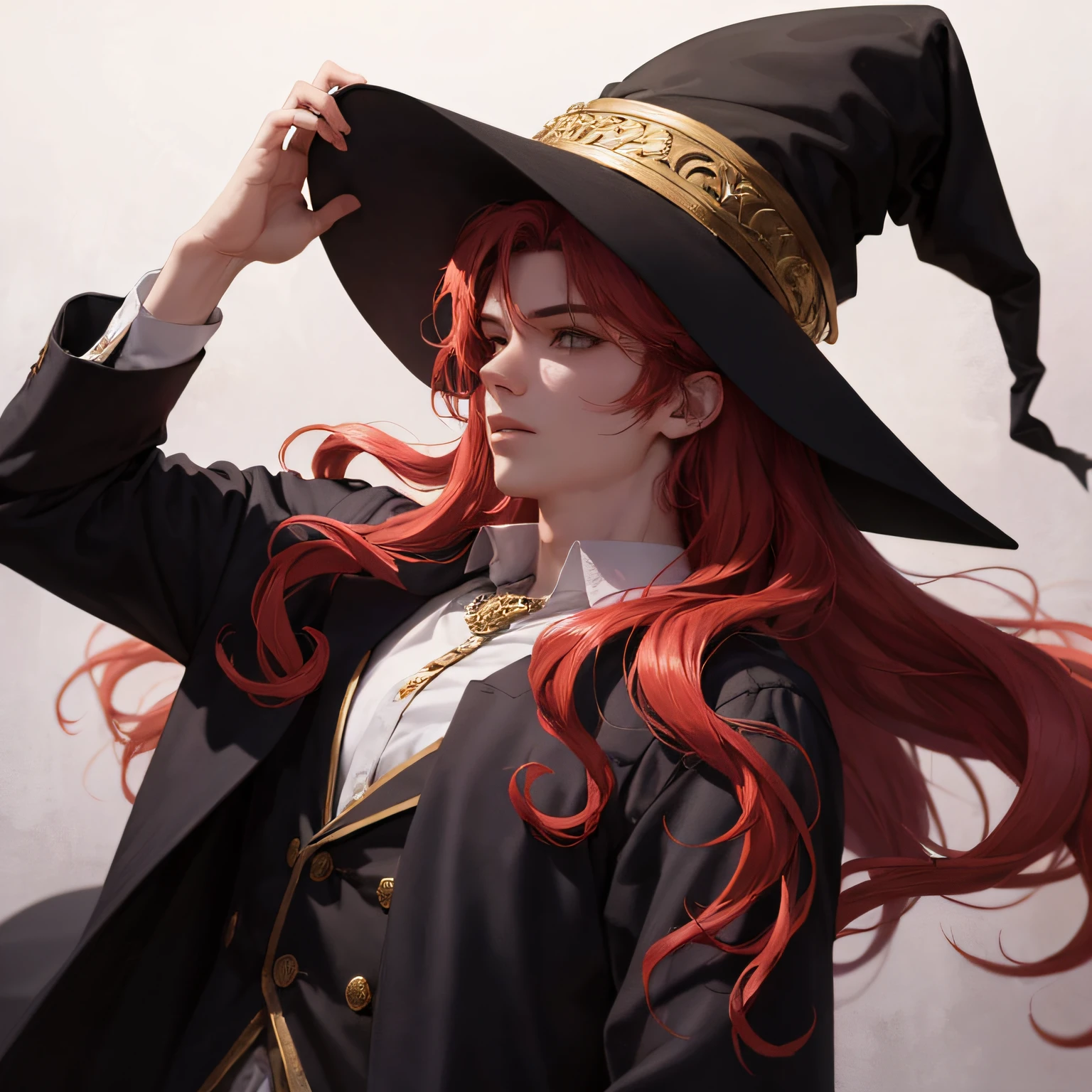 A young handsome man with long red curly hair,年轻,Handsome,Wearing a witch hat,Golden eyes,A male god,style of anime,shadowing,The best quality of light and shadow,8K,red colour
