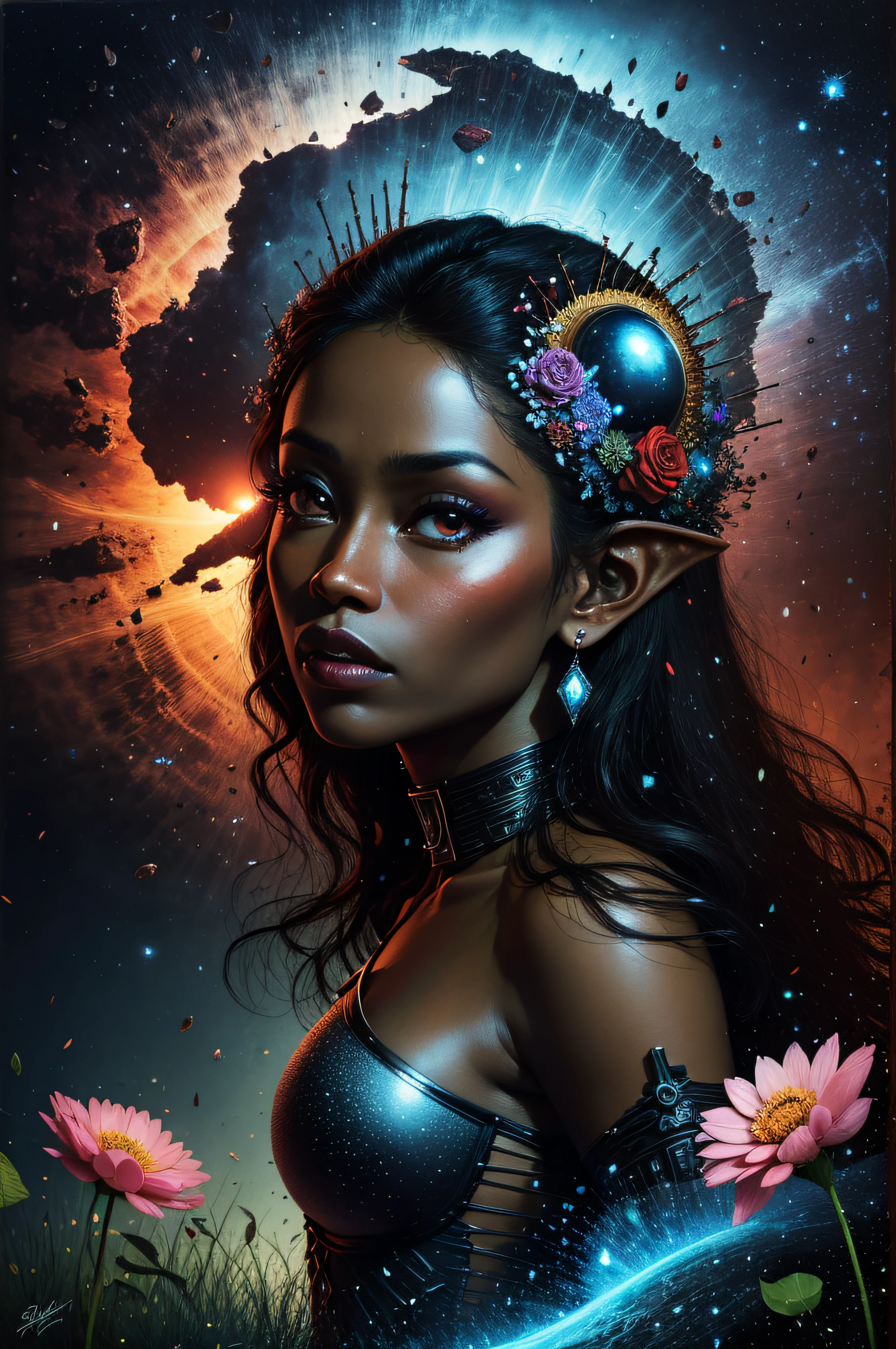 (high quality), masterpiece, best quality, extreme detail, 8k, action, image sharpness, Ultra detail hair, (dark skinned female, (dark skin))ultra detail face, cute face, beautiful, perfect eyes, perfect face, 1girl , pointy ears, long flowing hair, alluring, lipstick, makeup, black eyeshadow, jewellery, bracelet, (huge breasts), big breasts, (full body in frame), lotus, rose and thorn, alien planet landscape, flowers, crystals, stellar space, starry sky, psychedelic sunset, galaxy, nebula, dramatic lighting, sparkles, in the style of edmund dulac
