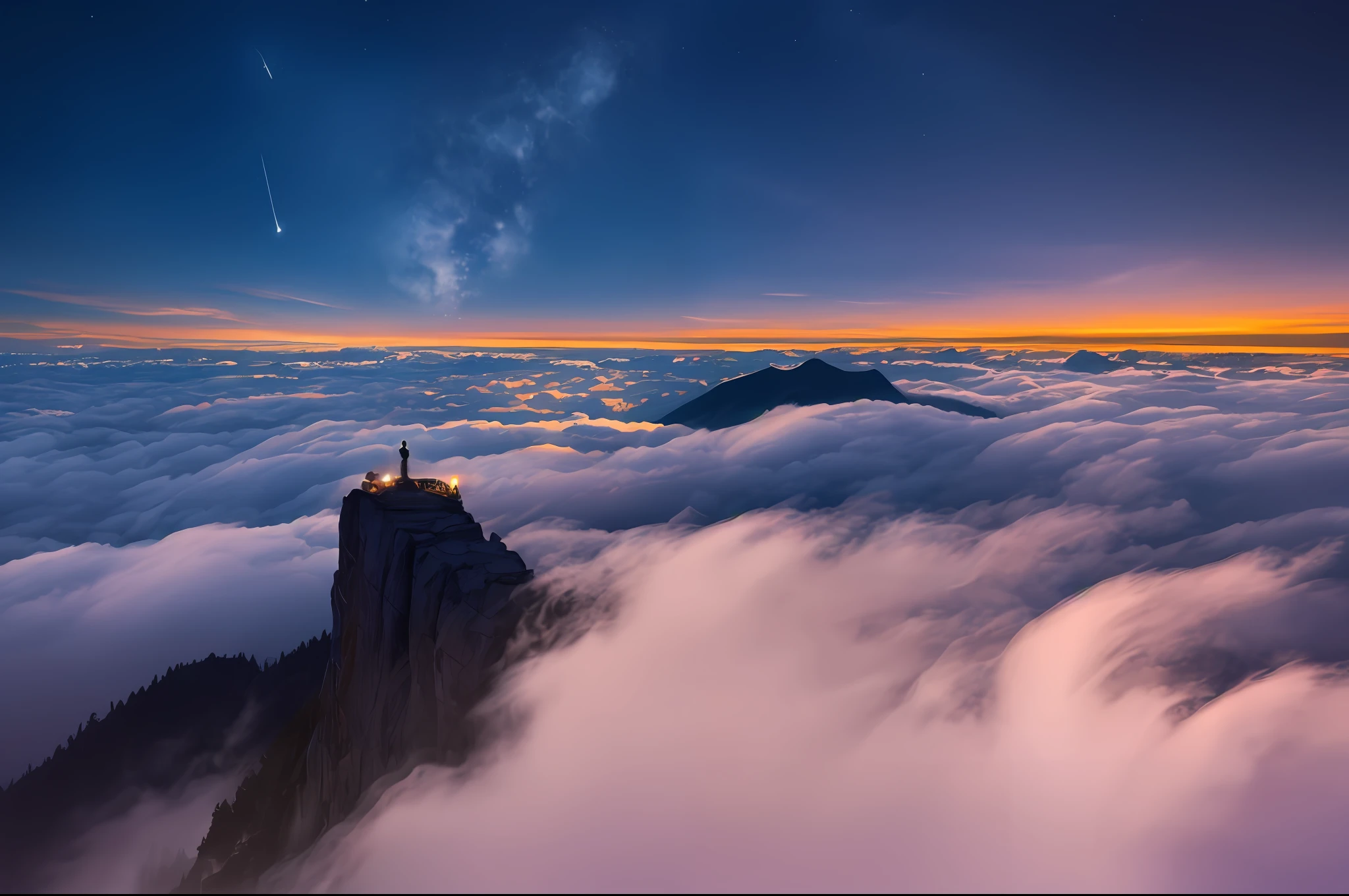 the night，Above the clouds，Overlooking，Be realistic，Impressive