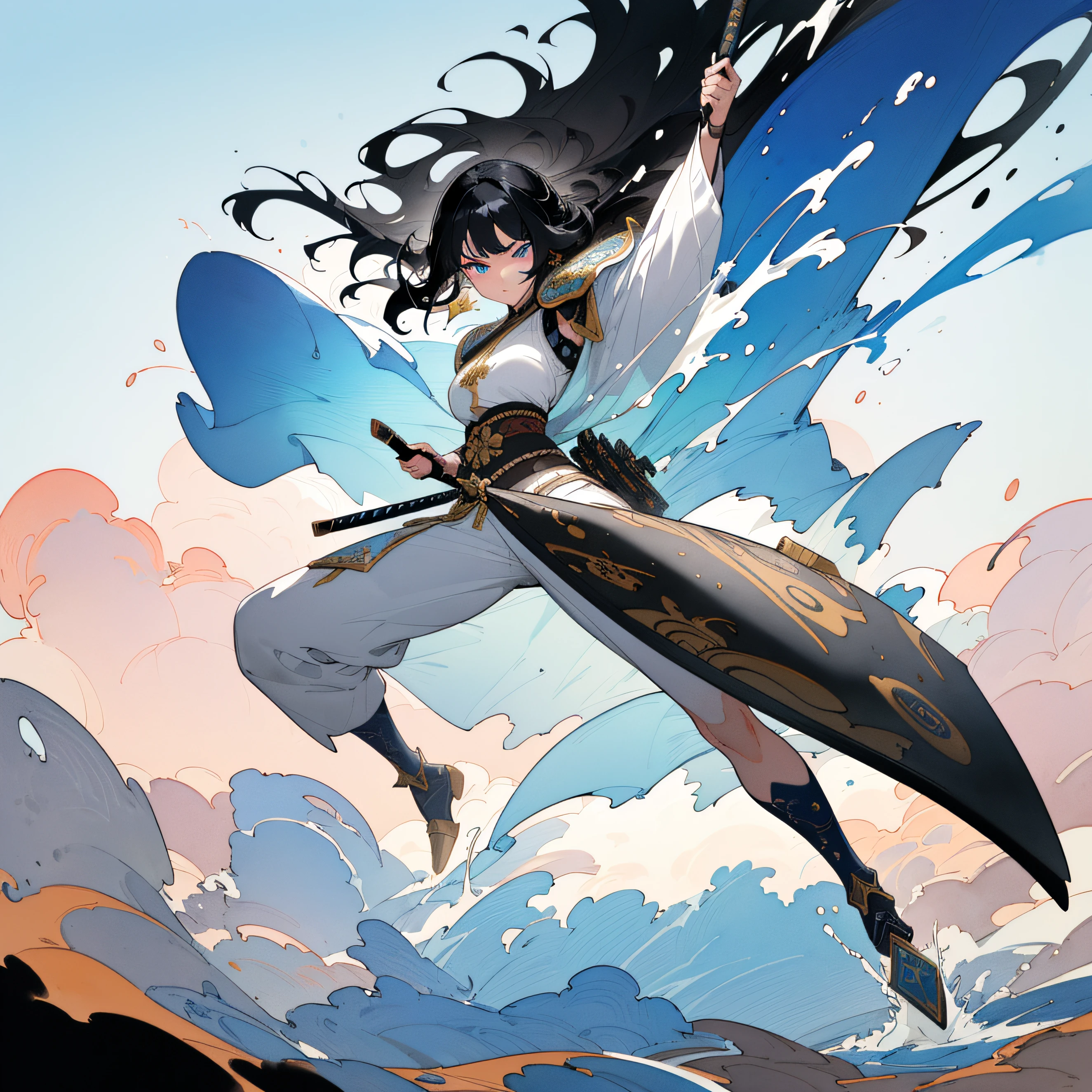 ((masterpiece)), (best quality, painting style), Majestic,An ancient immortal mountain full of mist,A swordsman girl dressed in white holds a heavy sword,The body of the sword is engraved with cursive characters。The girl's eyebrows were picturesque,heroic look,Long hair flutters in the wind,Behind him, a dark blue sword qi gushed out。(1girl),(white clothes:1.2+long hair), The sword(weapon:1.2)。 --auto