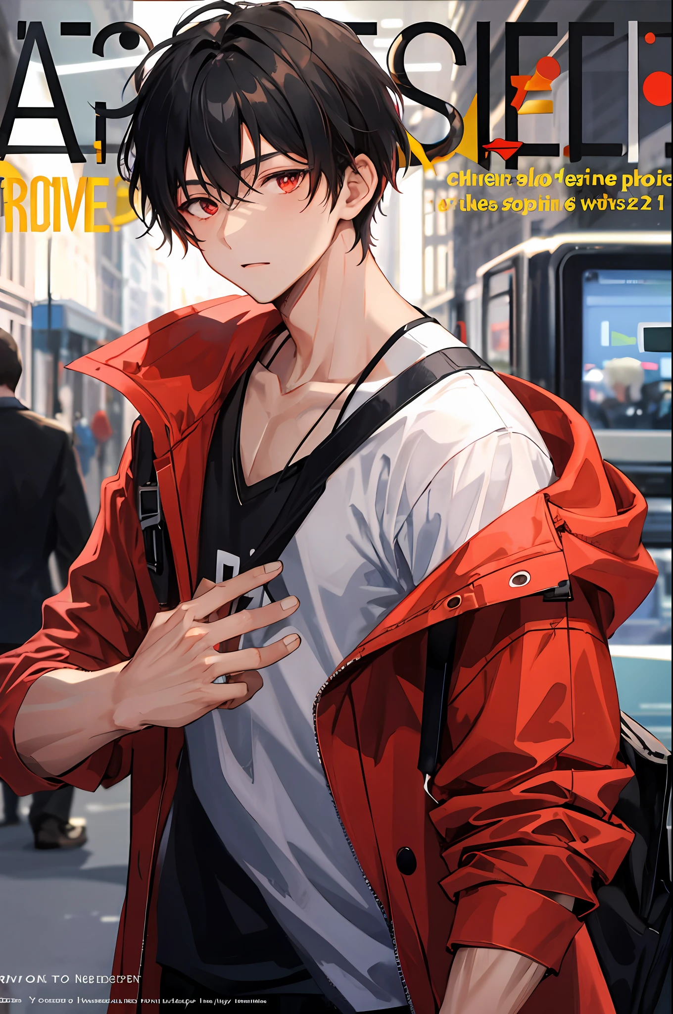 1 boy,cool guy,A dark-haired,comma hair,Street style,shiny,red eyes,looking looking at viewer,Upper body body,MagazineCover