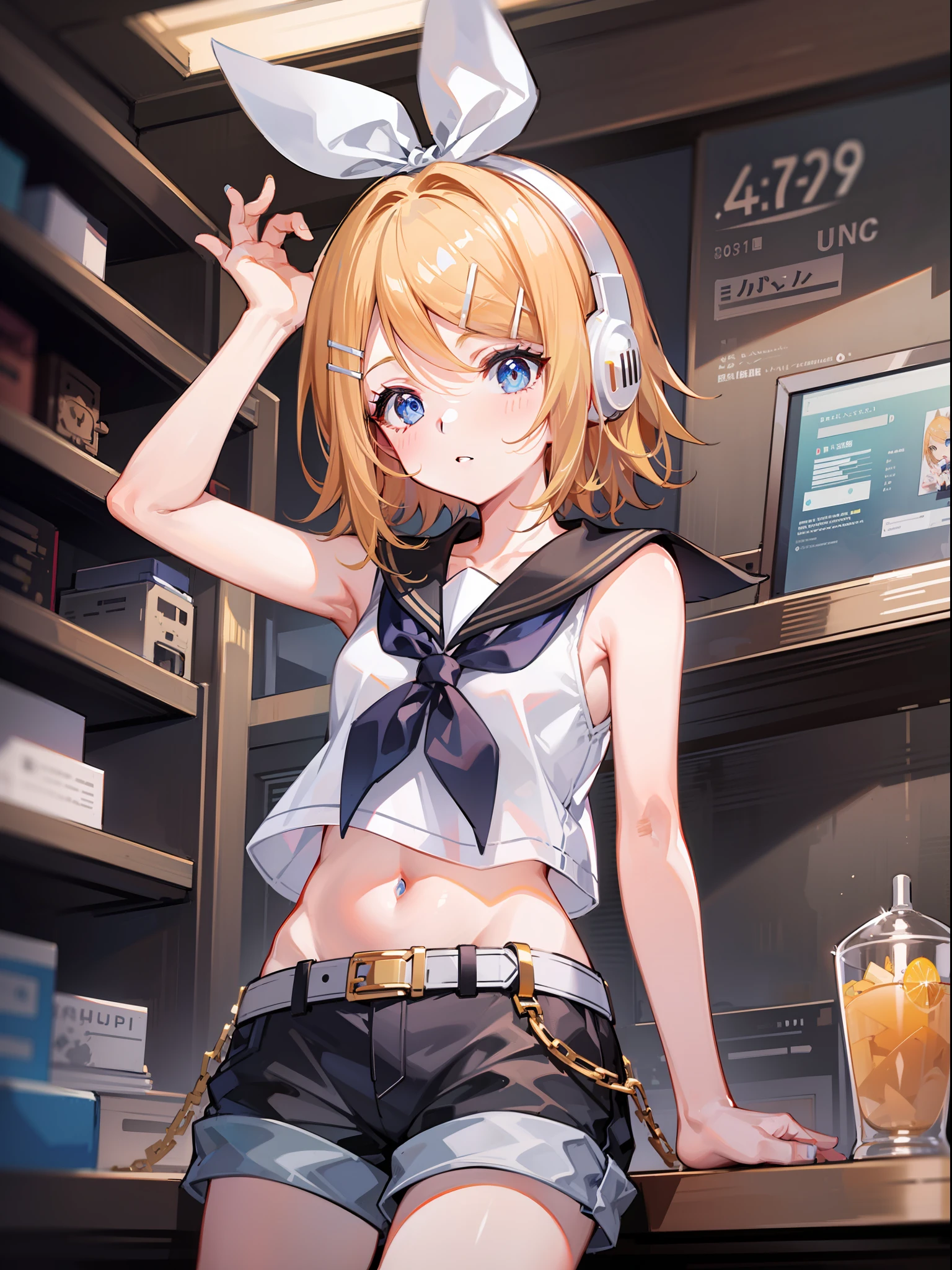 best quality, ultra precision, one girl, (Kagamine_Rin), blue eyes, sailor collar, short pants, sleeveless, headphone, belt, white shirt, young, child, cool, boyish,
