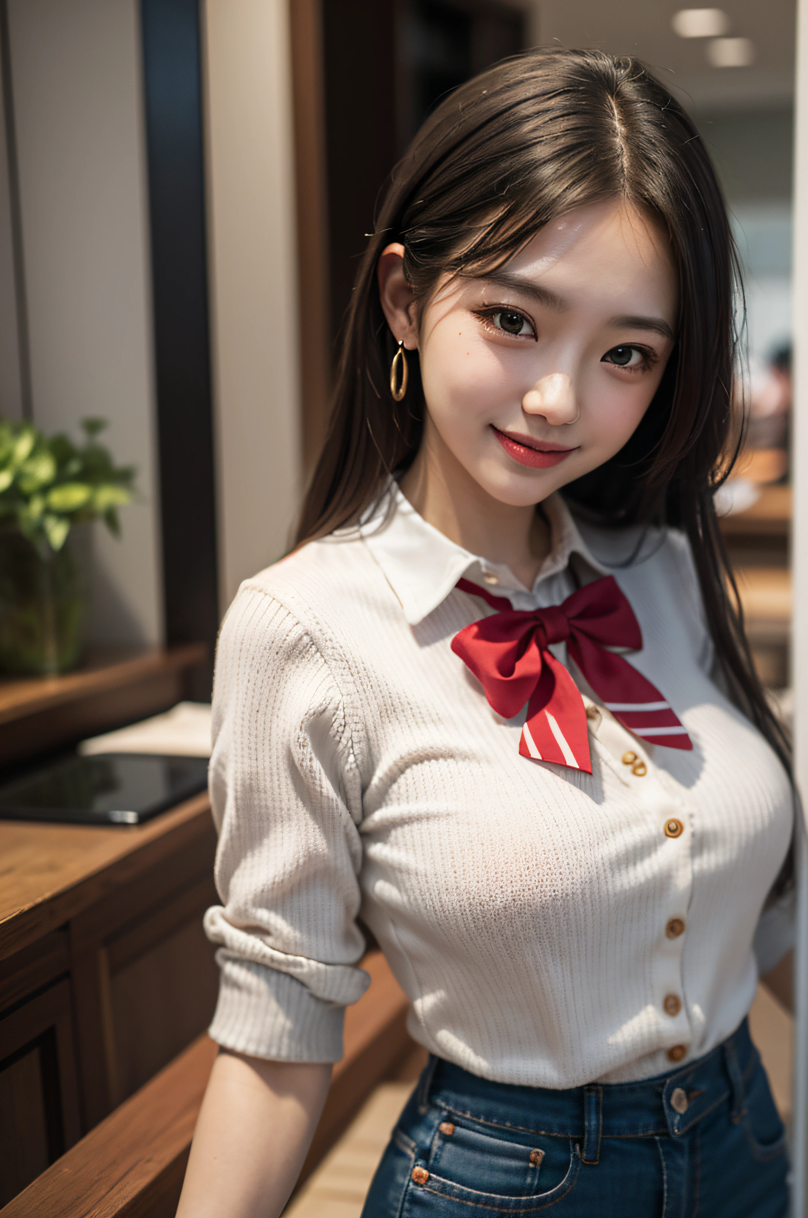 Master masterpiece, top-quality, hight resolution, fel1, Pretty Woman, whiteshirt, Red bow,Cute clothes、Collared shirt, Sweater Vest, Cowboy Shot, Please Pose, Smiles, Open your mouth、front、Puritanism、huge tit