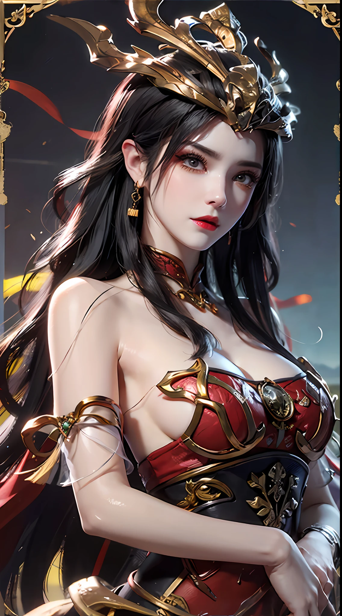 1 very beautiful medusha queen in hanfu, thin red silk shirt with many yellow motifs, black lace top, crown on her head, long hair dyed black, beautiful hair jewelry, pretty and cute face, perfect face, earring jewelry, antique jewelry, big red eyes, sharp eye makeup, meticulous eyelash makeup, thin eyebrows, high nose, pretty red lips, no smile, pursed lips, rosy cheeks, large breasts, big breasts, well-proportioned breasts, slim waist, red mesh stockings with black border, Chinese hanfu style, fictional art patterns, vivid and realistic colors, RAW photos, actual photos, ultra high quality 8k surreal photo, cool photo, (virtual light effect: 1.8), 10x pixel, effect magic (background): 1.8), (super detailed eyes: 1.8), (eyelids): red: 1.8), (black eye pupil: 1.8)beautiful girl portrait, alone girl, antique hanfu background, looking directly at the audience, wide original image, 8k quality, super sharp, most detailed and clear images, detailed bright background,