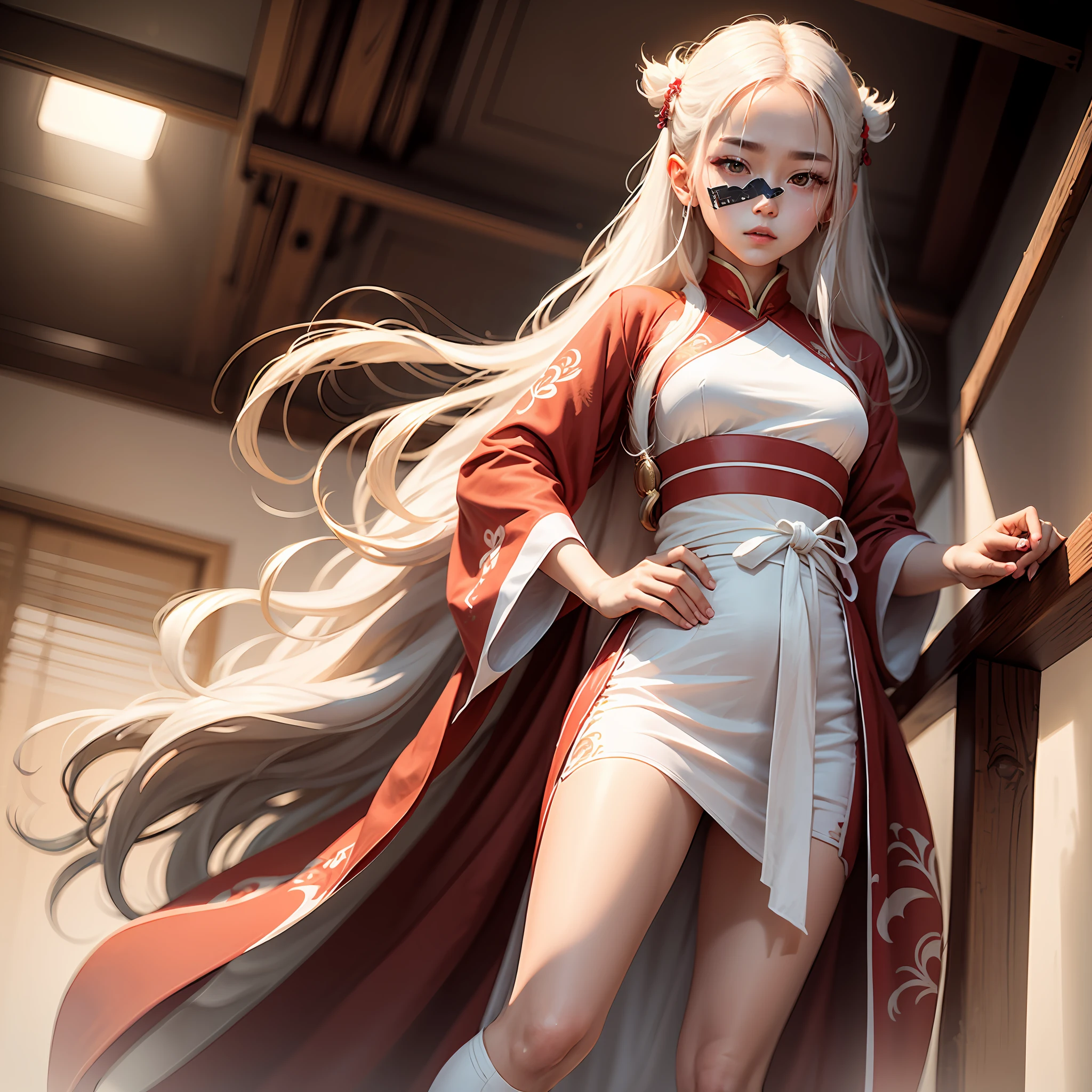whaite hair,long whitr hair,White plain Hanfu,White eyebrows,Light red eyes, --auto