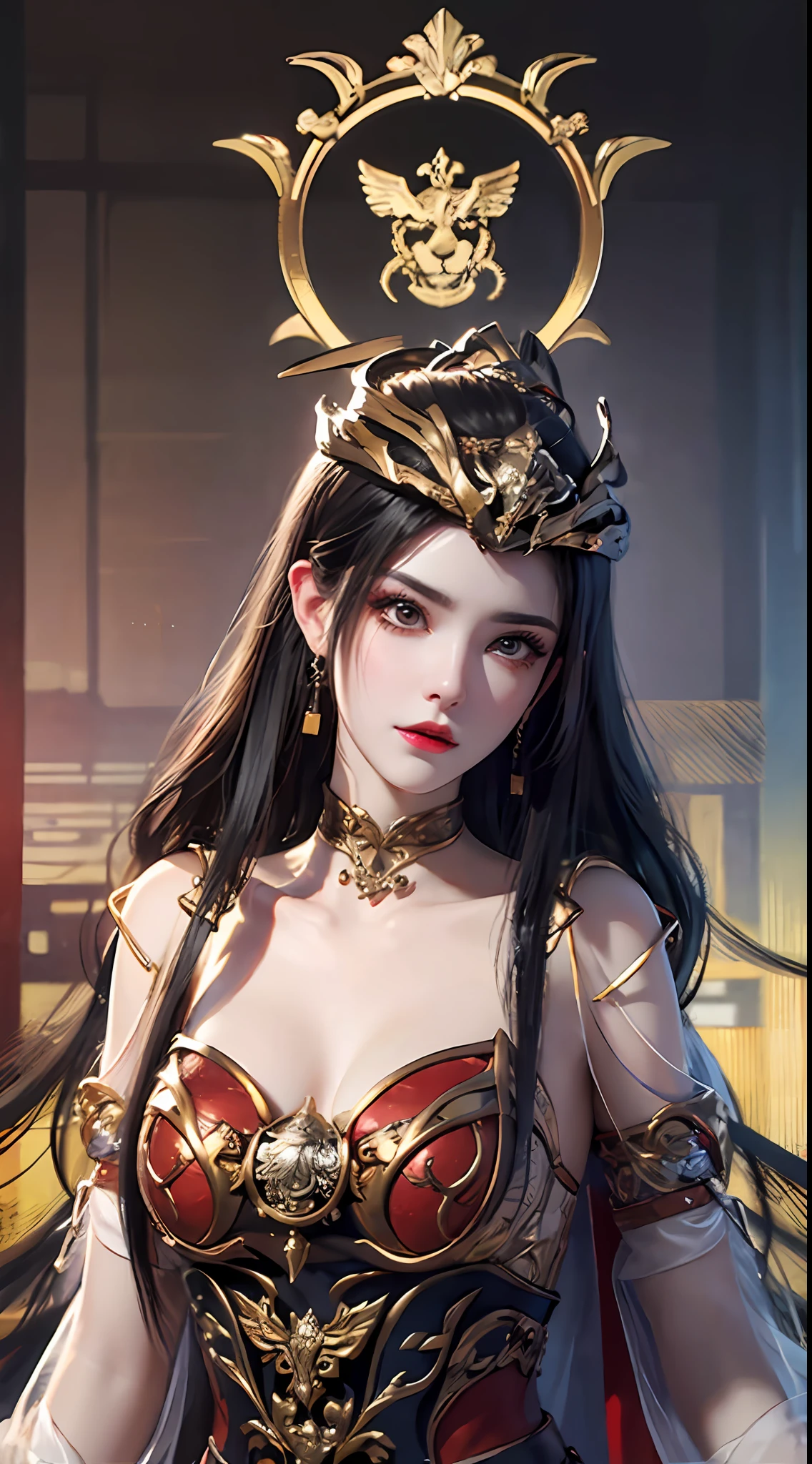 1 very beautiful medusha queen in hanfu, thin red silk shirt with many yellow motifs, black lace top, crown on her head, long hair dyed black, beautiful hair jewelry, pretty and cute face, perfect face, earring jewelry, antique jewelry, big red eyes, sharp eye makeup, meticulous eyelash makeup, thin eyebrows, high nose, pretty red lips, no smile, pursed lips, rosy cheeks, large breasts, big breasts, well-proportioned breasts, slim waist, red mesh stockings with black border, Chinese hanfu style, fictional art patterns, vivid and realistic colors, RAW photos, actual photos, ultra high quality 8k surreal photo, cool photo, (virtual light effect: 1.8), 10x pixel, effect magic (background): 1.8), (super detailed eyes: 1.8), (eyelids): red: 1.8), (black eye pupil: 1.8)beautiful girl portrait, alone girl, antique hanfu background, looking directly at the audience, wide original image, 8k quality, super sharp, most detailed and clear images, detailed bright background,