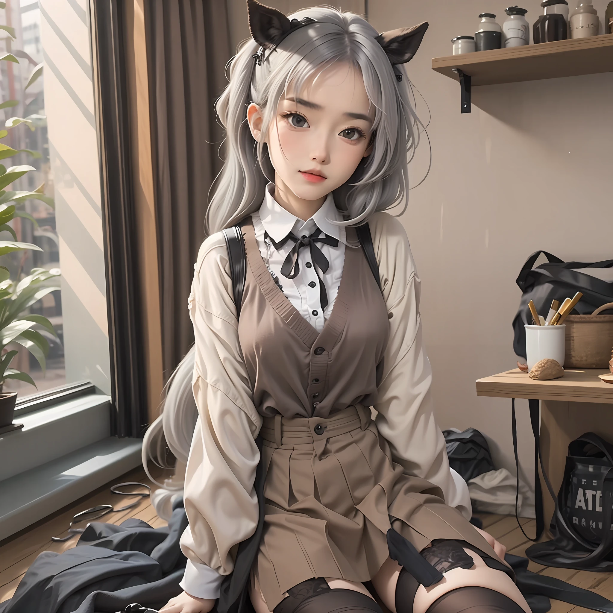 Gray hair and gray eyes,horse tailed,Comb your hair ,Take a knife,pleatedskirt,Stockings