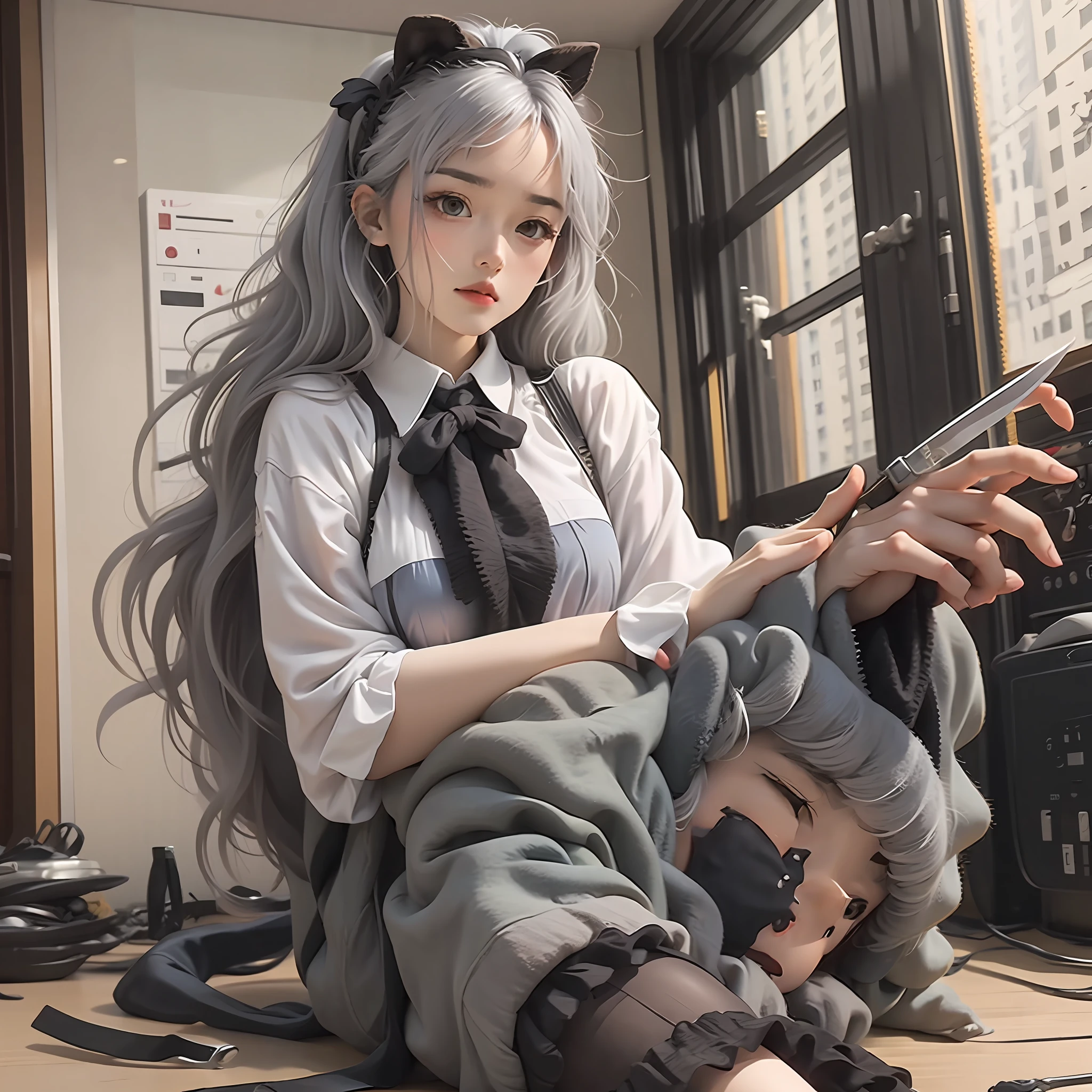 Gray hair and gray eyes,horse tailed,Comb your hair ,Take a knife,pleatedskirt,Stockings
