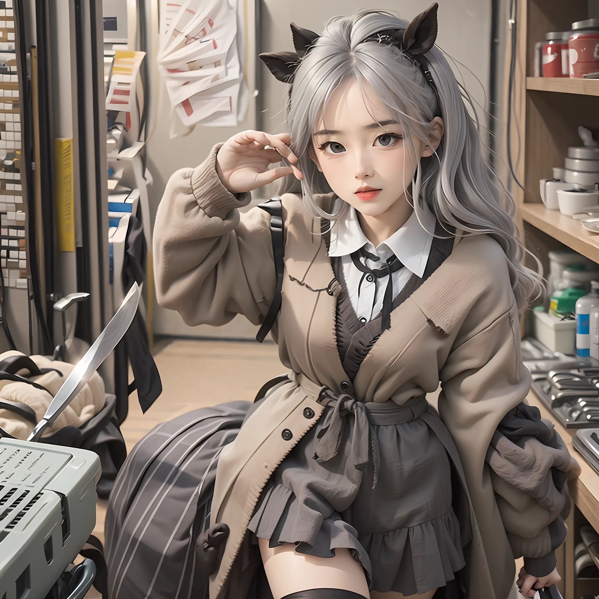 Gray hair and gray eyes,horse tailed,Comb your hair ,Take a knife,pleatedskirt,Stockings