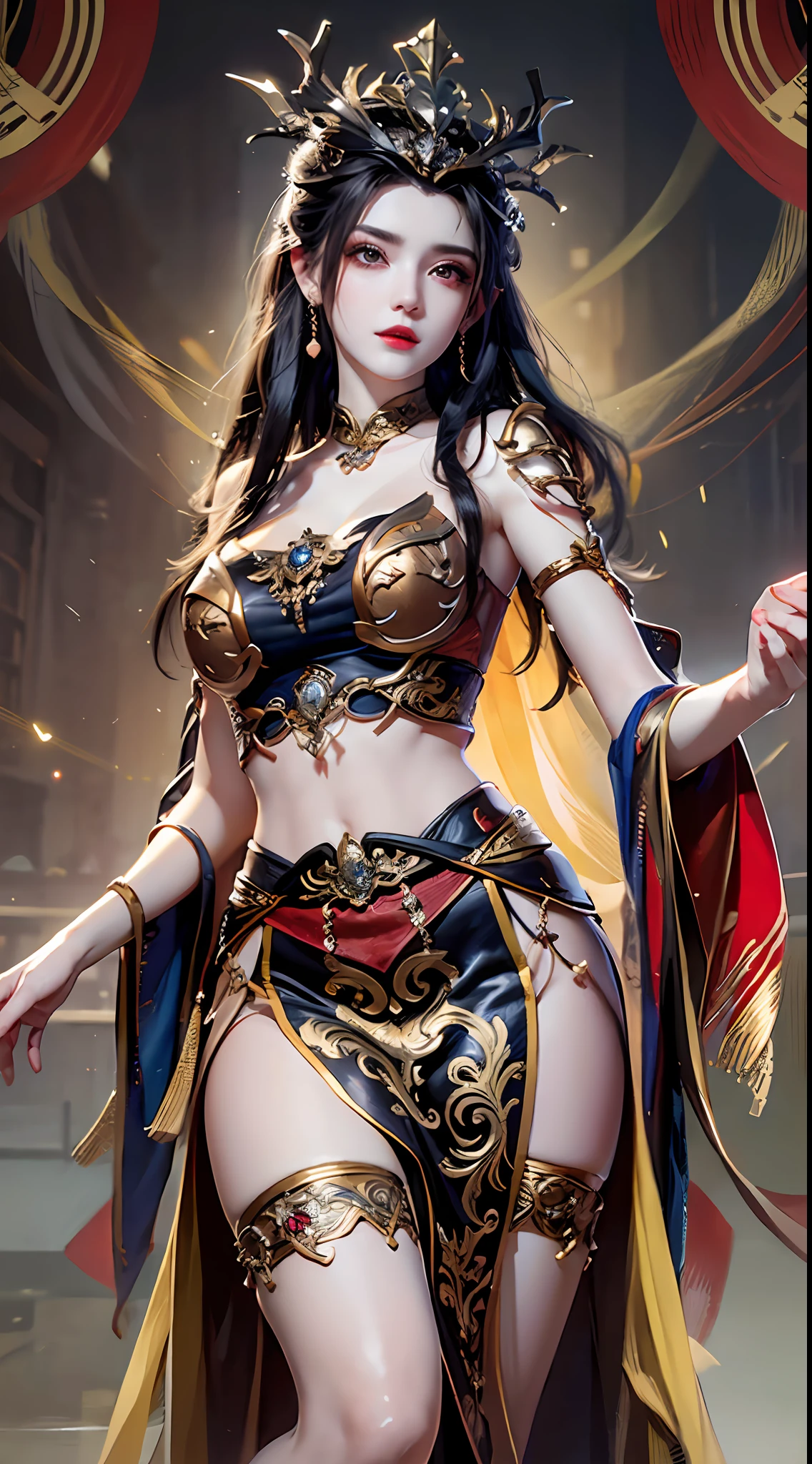 1 very beautiful medusha queen in hanfu, thin red silk shirt with many yellow motifs, black lace top, crown on her head, long hair dyed black, beautiful hair jewelry, pretty and cute face, perfect face, earring jewelry, antique jewelry, big red eyes, sharp eye makeup, meticulous eyelash makeup, thin eyebrows, high nose, pretty red lips, no smile, pursed lips, rosy cheeks, large breasts, big breasts, well-proportioned breasts, slim waist, red mesh stockings with black border, Chinese hanfu style, fictional art patterns, vivid and realistic colors, RAW photos, actual photos, ultra high quality 8k surreal photo, cool photo, (virtual light effect: 1.8), 10x pixel, effect magic (background): 1.8), (super detailed eyes: 1.8), (eyelids): red: 1.8), (black eye pupil: 1.8)beautiful girl portrait, alone girl, antique hanfu background, looking directly at the audience, wide original image, 8k quality, super sharp, most detailed and clear images, detailed bright background,