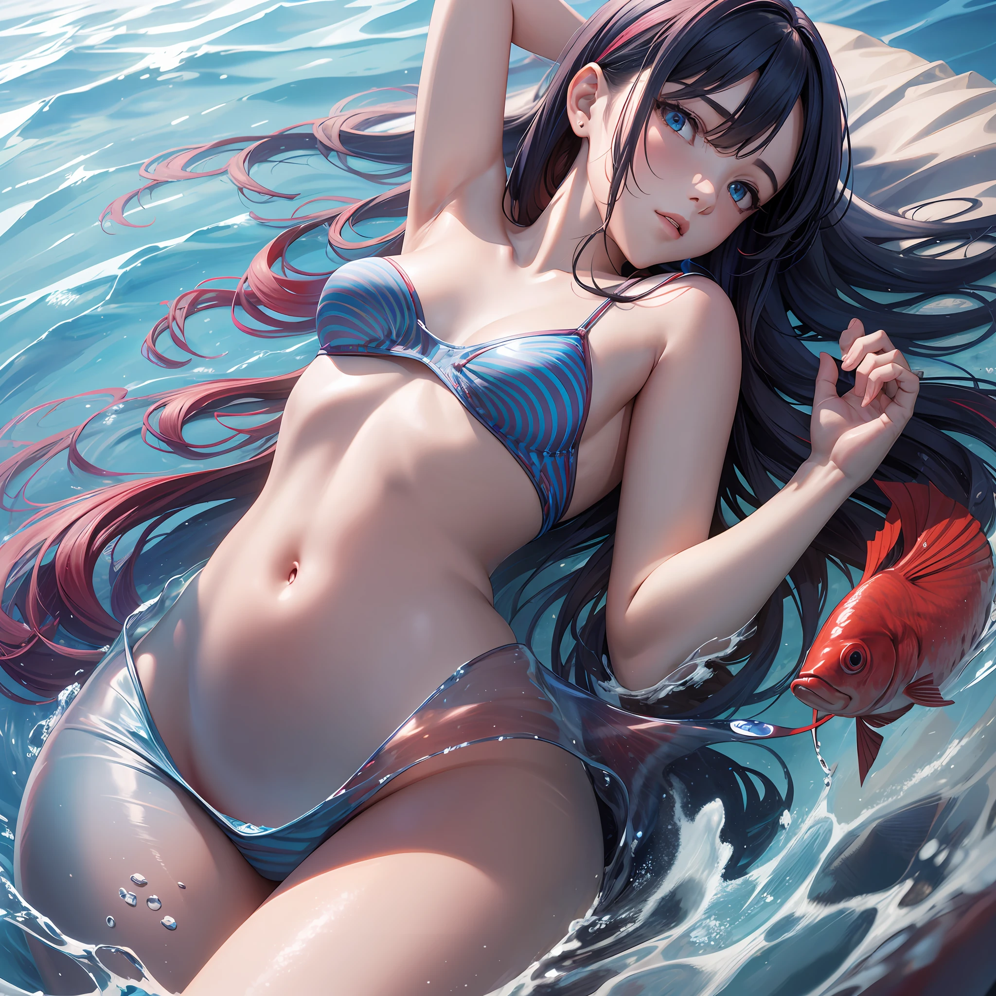 tmasterpiece,Need,A high resolution,独奏,Abs,inside in room,Wearing a blue suit,(reach:1.2),from the above,Arms spread wide,vred,abyssal,Schools of fish swim by,rough breath,Sexual emoji invitation --auto