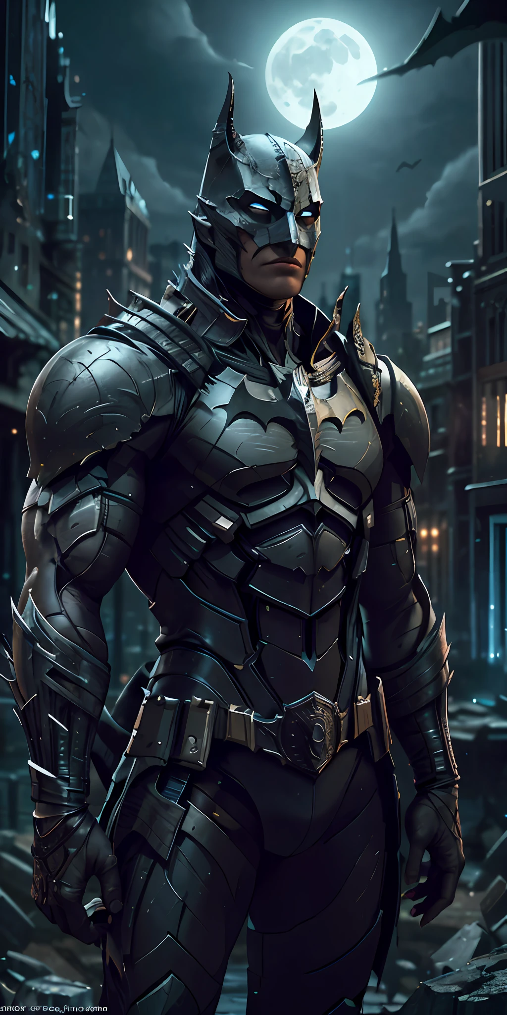 Batman from the dark knight stands imposing in a gothic lost city. Moonlight highlights your muscles and scars. The scenery is lush and mysterious, with futuristic tech and surroundings. The camera details everything, a warrior woman, in front of him.