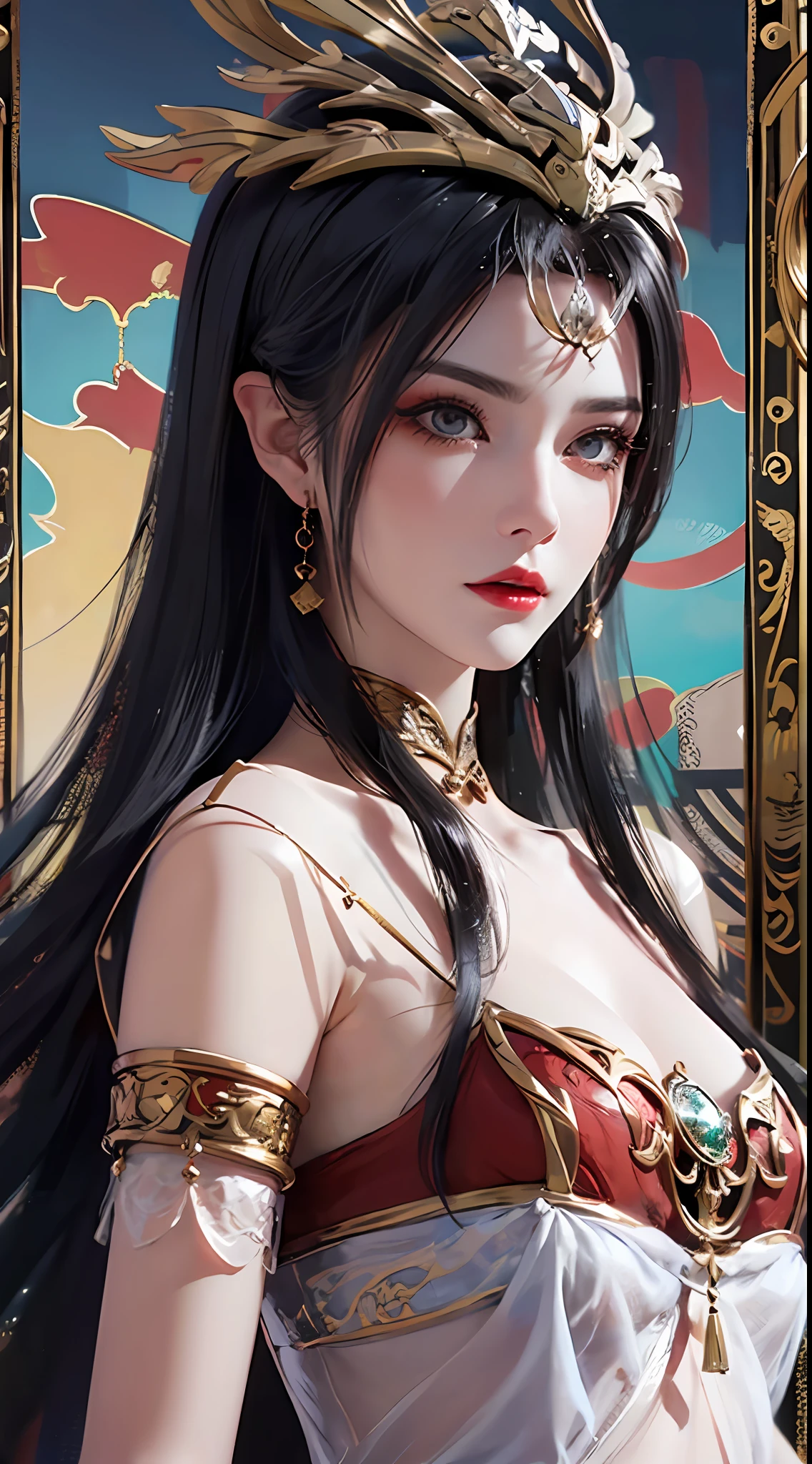 1 very beautiful medusha queen in hanfu, thin red silk shirt with many yellow motifs, black lace top, crown on her head, long hair dyed black, beautiful hair jewelry, pretty and cute face, perfect face, earring jewelry, antique jewelry, big red eyes, sharp eye makeup, meticulous eyelash makeup, thin eyebrows, high nose, pretty red lips, no smile, pursed lips, rosy cheeks, large breasts, big breasts, well-proportioned breasts, slim waist, red mesh stockings with black border, Chinese hanfu style, fictional art patterns, vivid and realistic colors, RAW photos, actual photos, ultra high quality 8k surreal photo, cool photo, (virtual light effect: 1.8), 10x pixel, effect magic (background): 1.8), (super detailed eyes: 1.8), (eyelids): red: 1.8), (black eye pupil: 1.8)beautiful girl portrait, alone girl, antique hanfu background, looking directly at the audience, wide original image, 8k quality, super sharp, most detailed and clear images, detailed bright background,