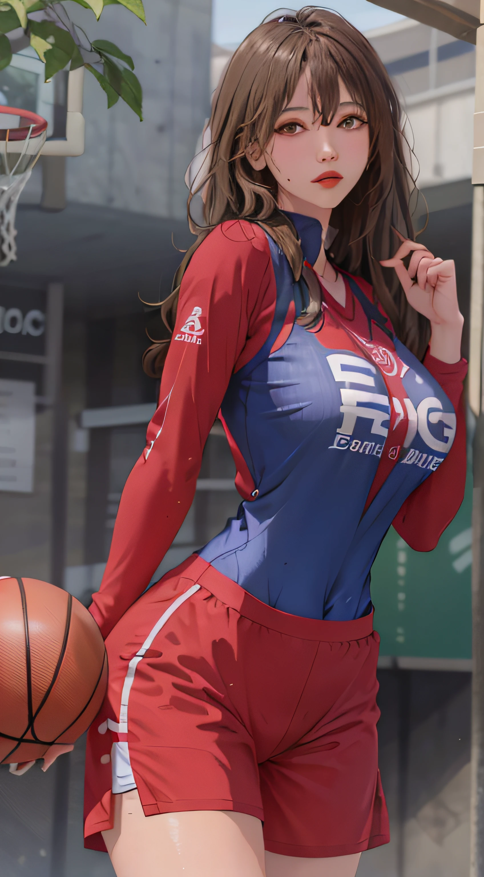 Masterpiece: 1.2, best quality), realistic, (real picture, rich details details, depth of fields), (1girl, solo), makeup, high detail, perfect face shape, (big breasts: 1.4), (skindentation ), thick thight, Wide hips, big breasts thin waist, Tall guy, coral, Redlip, red - eyed, horse tailed,((((Girl playing basketball, Transparent red basketball suit)))), (sweat leggs: 1.2), (dampness), Raised sexy, Be red in the face,Sweaty,(ssmile)