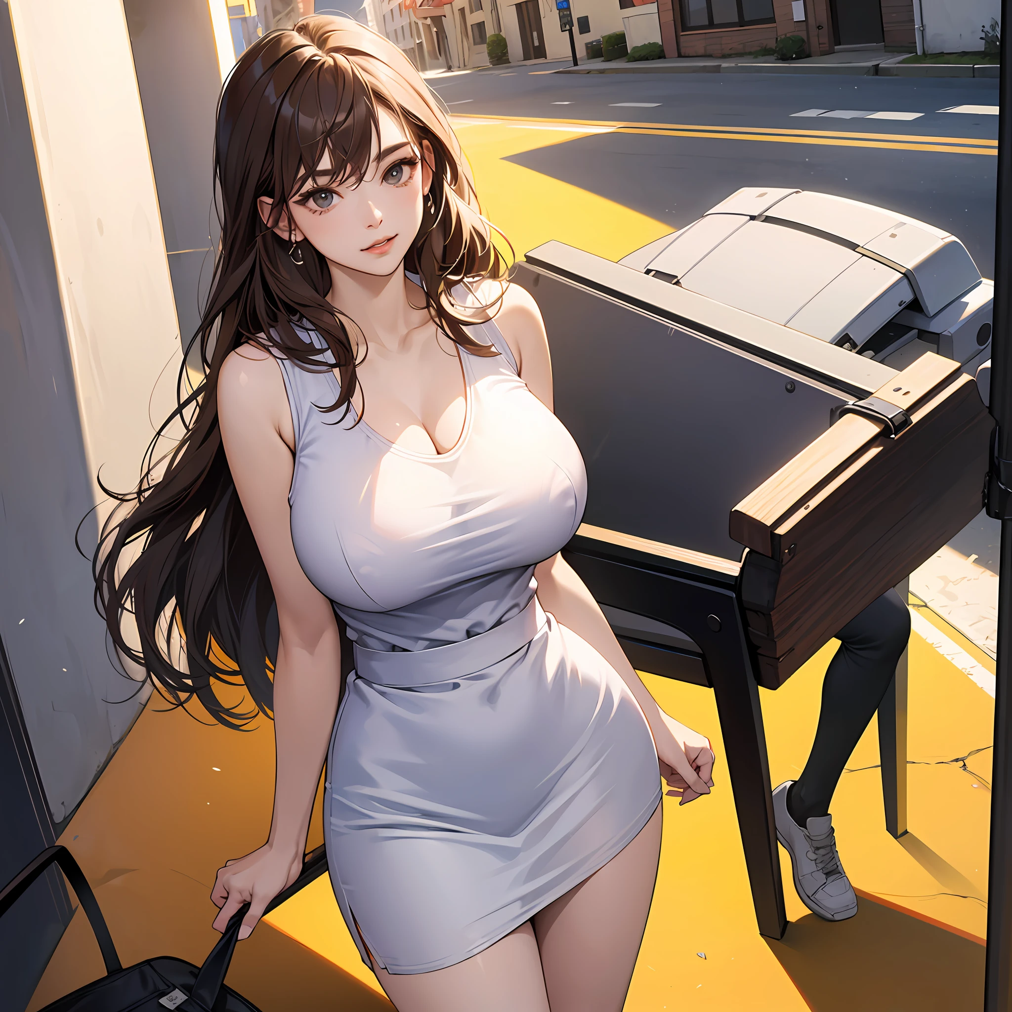 ((Best quality, 8k, Masterpiece :1.3)), Sharp focus :1.2, perfect figure beautiful woman:1.4, Slim abs:1.2, ((Layered Hair Style, huge tit:1.2)), (Tank top shirt:1.1 ), (the street:1.2), Highly detailed facial and skin texture, A detailed eye, 二重まぶた, seductiv,short skirt,Stewardess,Brown hair long,On the office chair,Skirt that wraps hips,Big leakage point, High-definition facial features,8K --auto