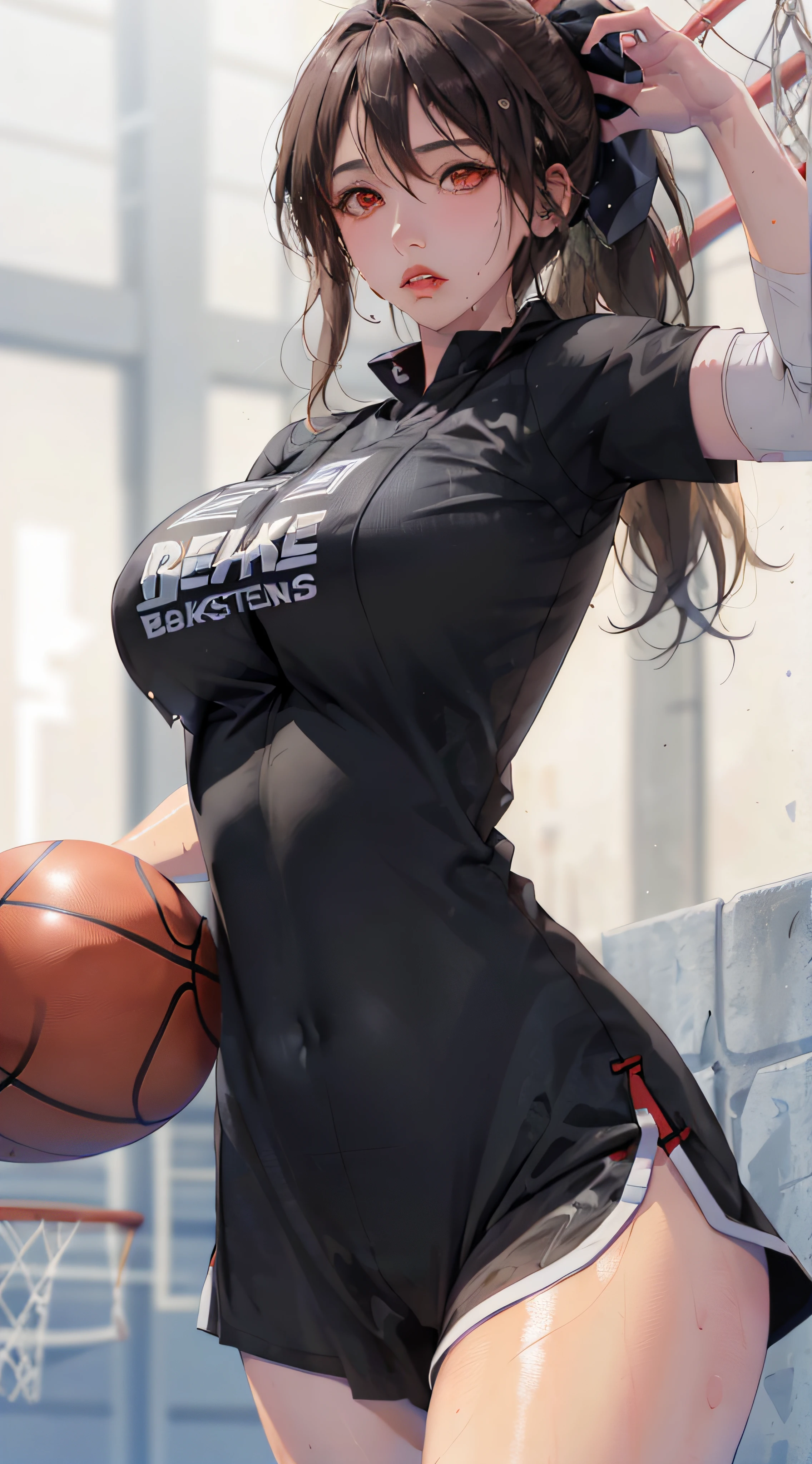 Masterpiece: 1.2, best quality), realistic, (real picture, rich details details, depth of field), (1girl, solo), makeup, cleft lip, high detail, perfect face shape, (big breasts: 1.4), (skindentation), thick thighs, wide buttocks, Thin waist, tall, coral, red lips, red eyes, ponytail, (((((basketball girl, transparent black basketball suit)))), (sweat: 1.2), (wet), sexy, blushing, sweaty