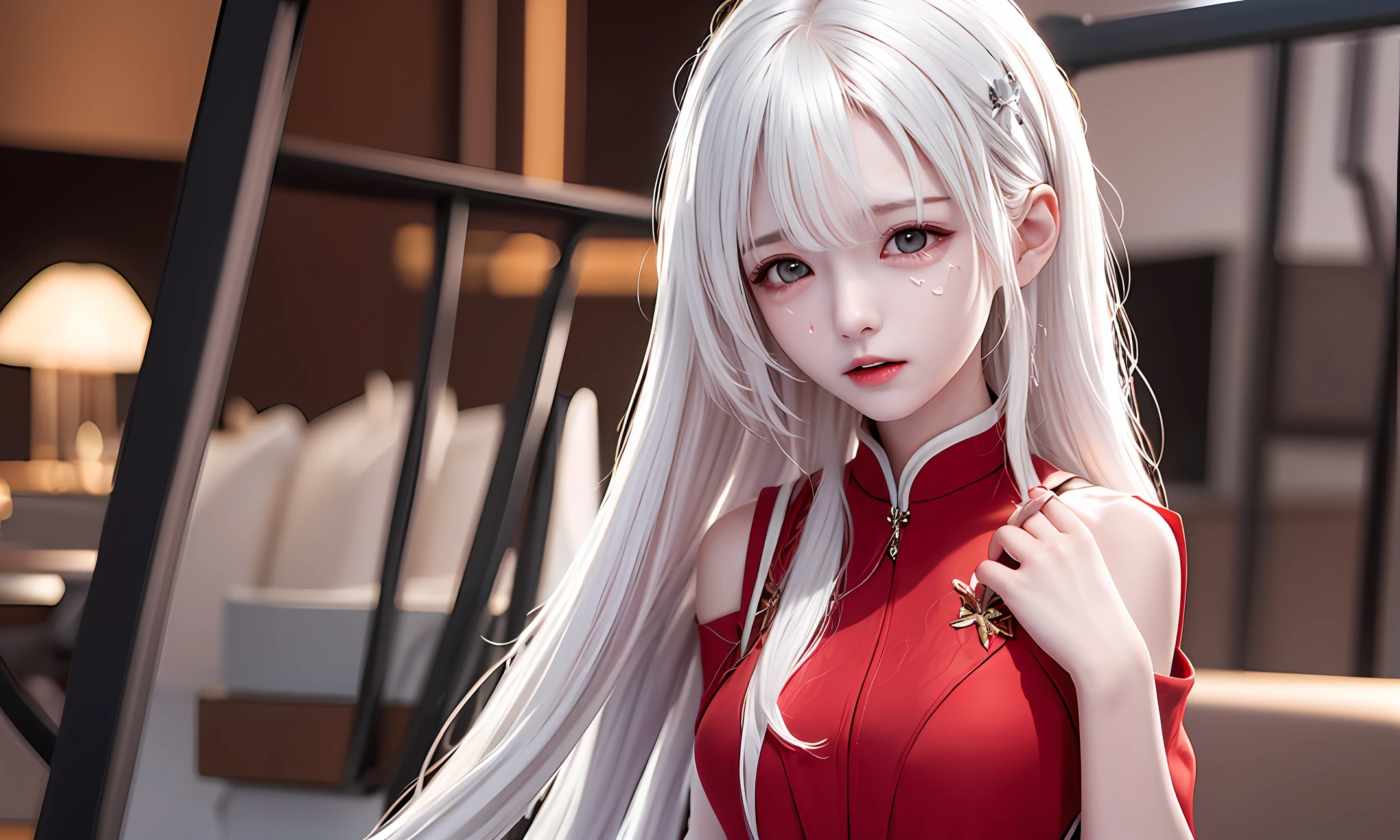 A young girl with white hair and red clothes is crying