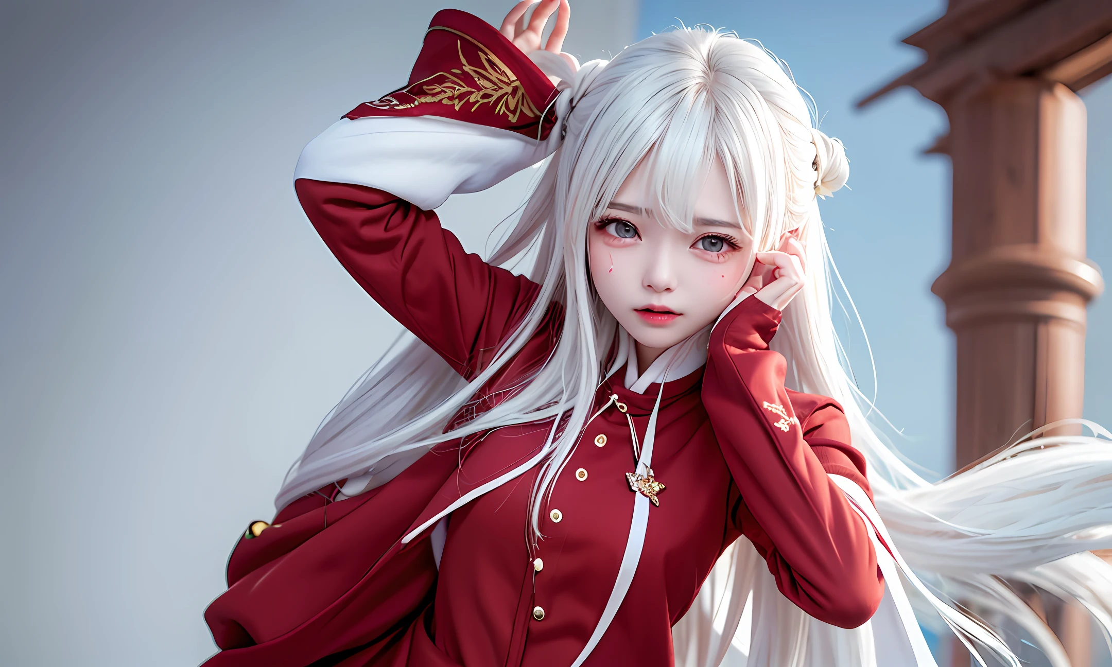 A young girl with white hair and red clothes is crying