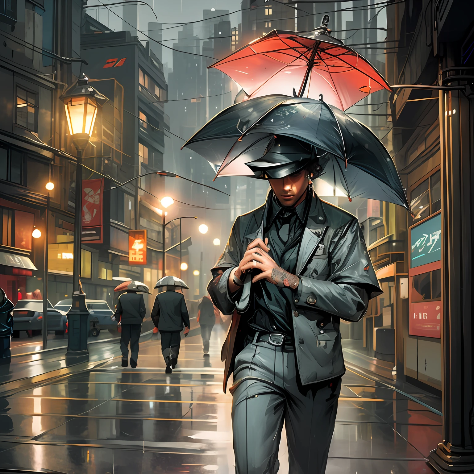 There was a man walking down the street with an umbrella, Stylized urban fantasy artwork, Cyberpunk Style , Hyperrealistic, rainy cyberpunk city, in a cyberpunk setting, cyber punk style, dan mumford tom bagshaw, Hyper-realistic cyberpunk style, author:John Ragatta, rainy days. game render, Cyberpunk art style