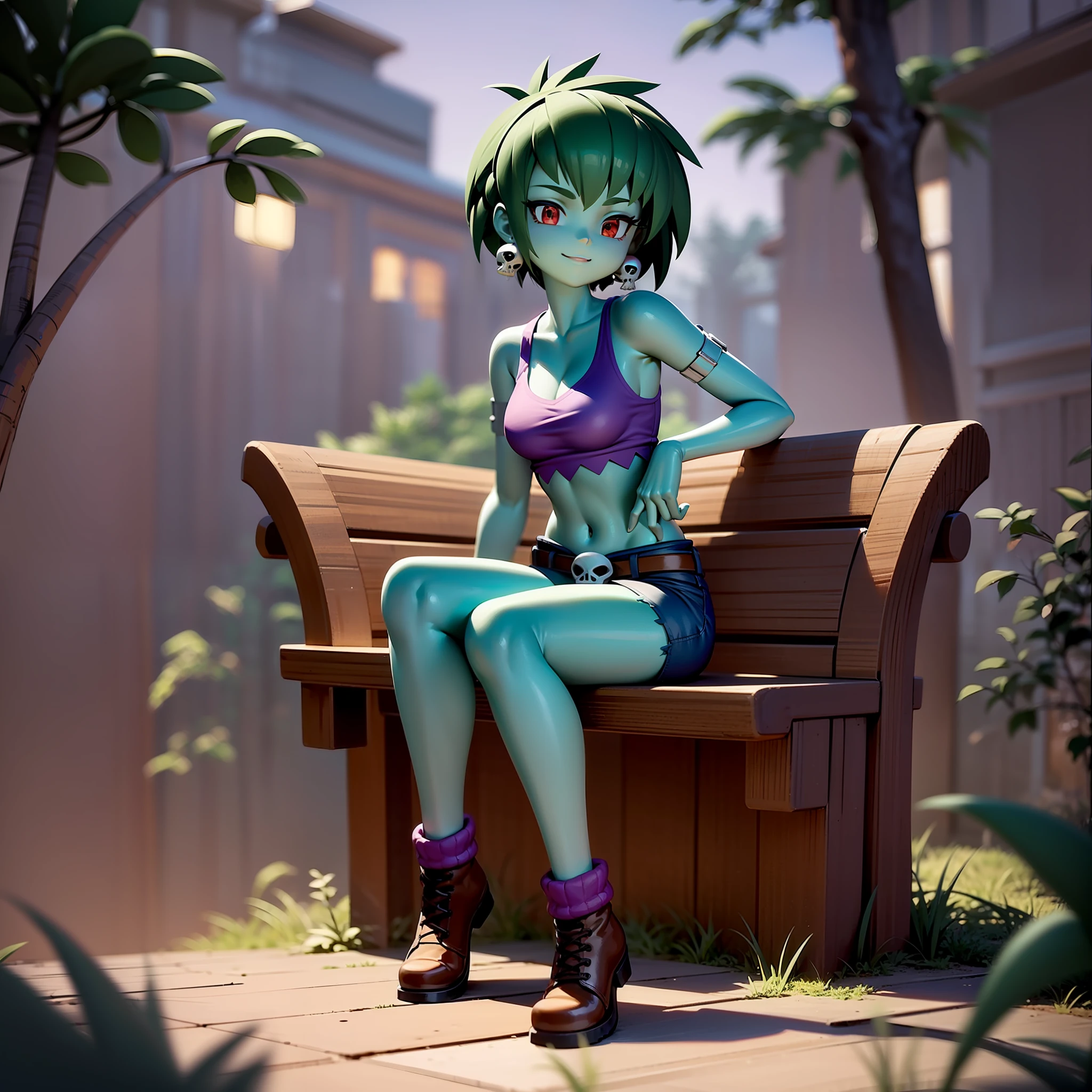 [rottytops], [uploaded to e621.net; (napalm_express)], ((High definition)), ((detailed shading)), ((beautiful solo portrait)), ((full body)), ((raw photo)), ((anime girl)), ((beautiful 3D art)), {(attractive); green skin, cute brown eyes, short green hair, smug smile}, {purple crop top, denim short shorts, brown platform boots, yellow headband, (skull earrings), (skull belt buckle)}, {(Sitting on bench), (looking at viewer)}, [background; (dark forest), (nighttime), (starry sky), (full moon), (trees), (dark lighting)]