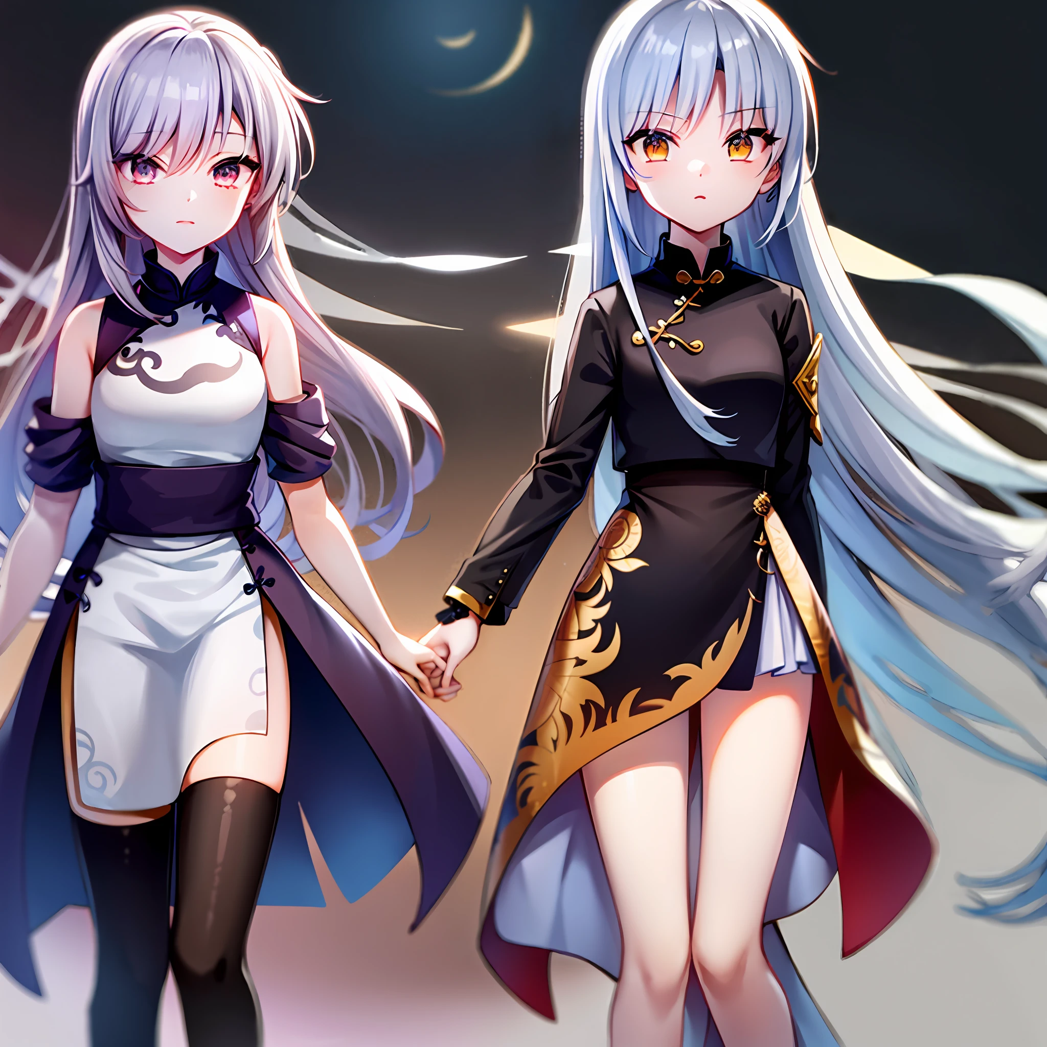 Anime girl with long black hair and black cheongsam with anime girl with long white hair, Red envelope pupils and white dress
