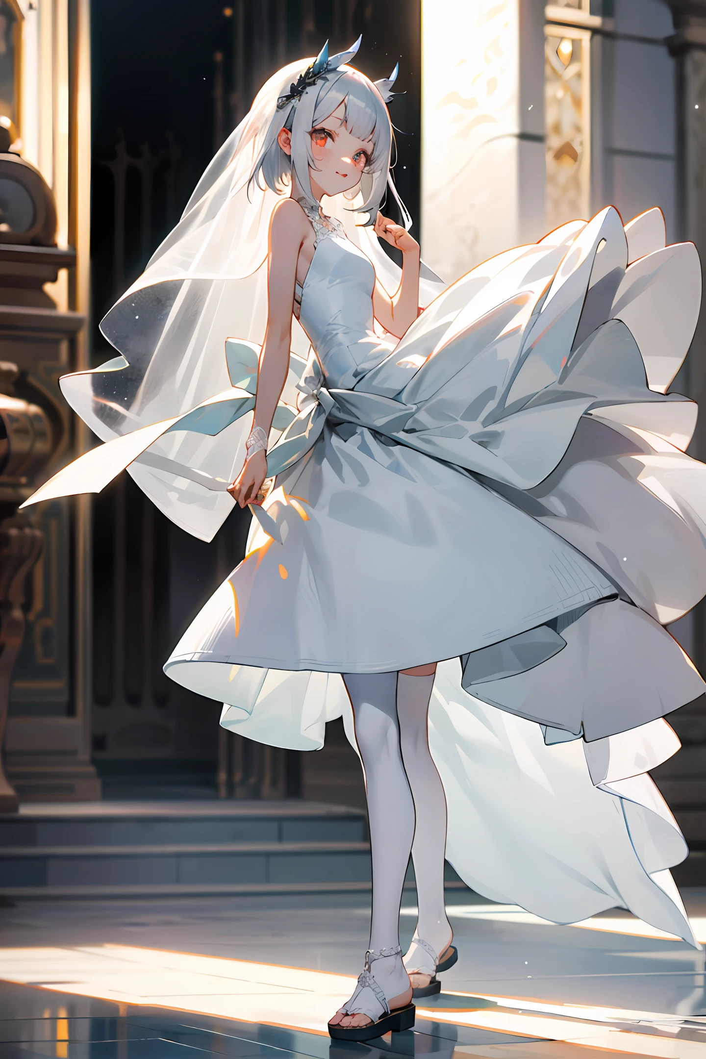 Girly face white skin silver hair full body bare legs white stockings fishmouth sandals superb wedding dress