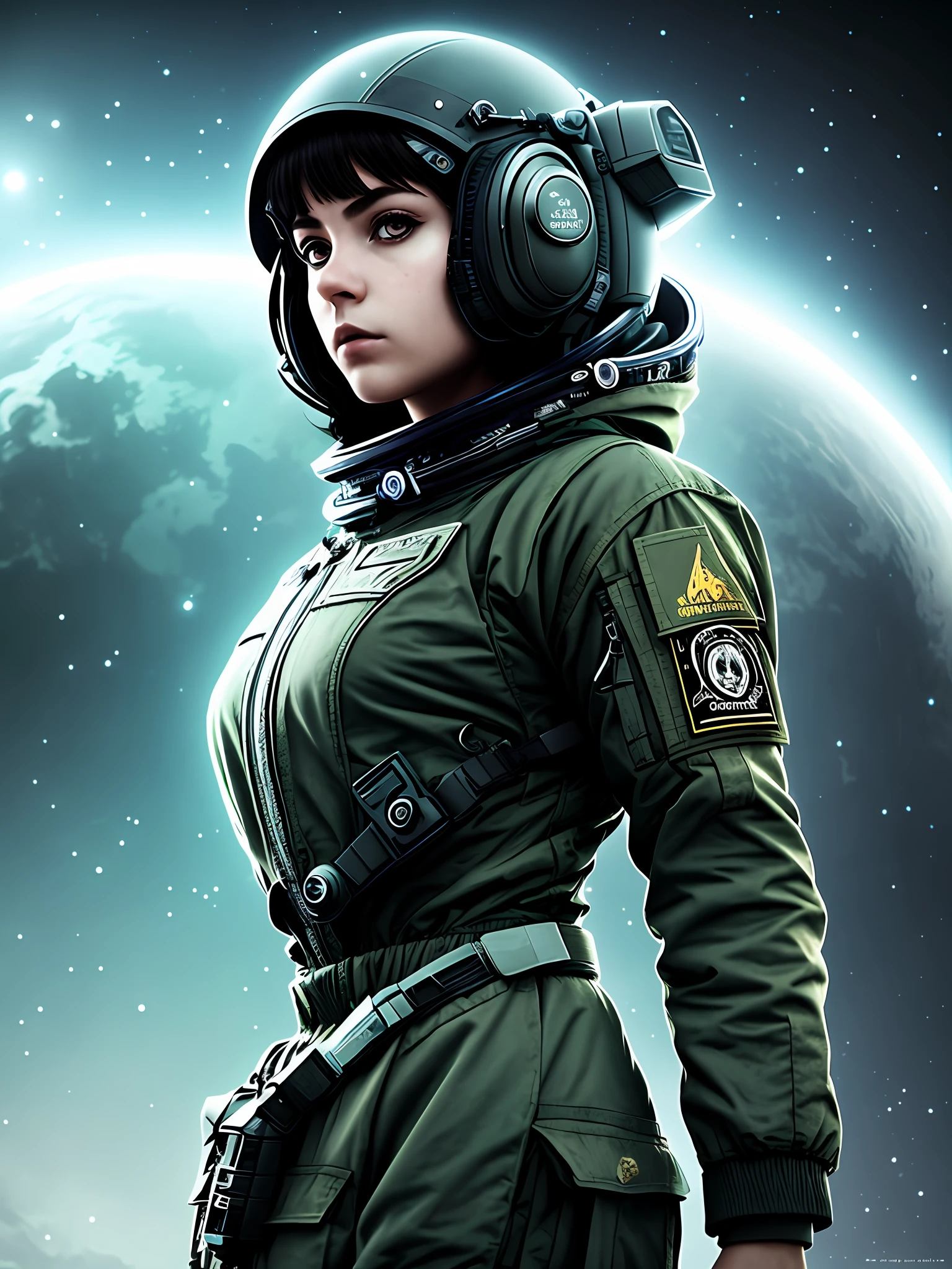 (grainy:0.5), cinematic,girl,adult, space, serious, military pose,detailed face, detailed military outfit, volumetric lighting, isolation, horror, perfect ???????, hyperrealistic, dark lighting, bioluminescent details