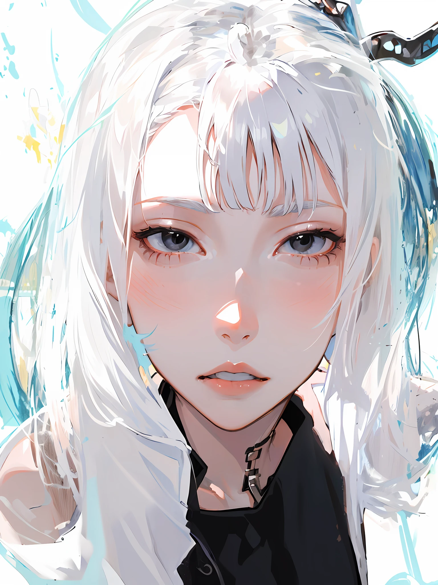 ((masterpiece, best quality)), (1girl), (solo), (female focus), (ahoge, white hair, short hair), black eyes, ((white shirt), (buttoned shirt)), ((black skirt), (short skirt)), standing, white background, behind arms,