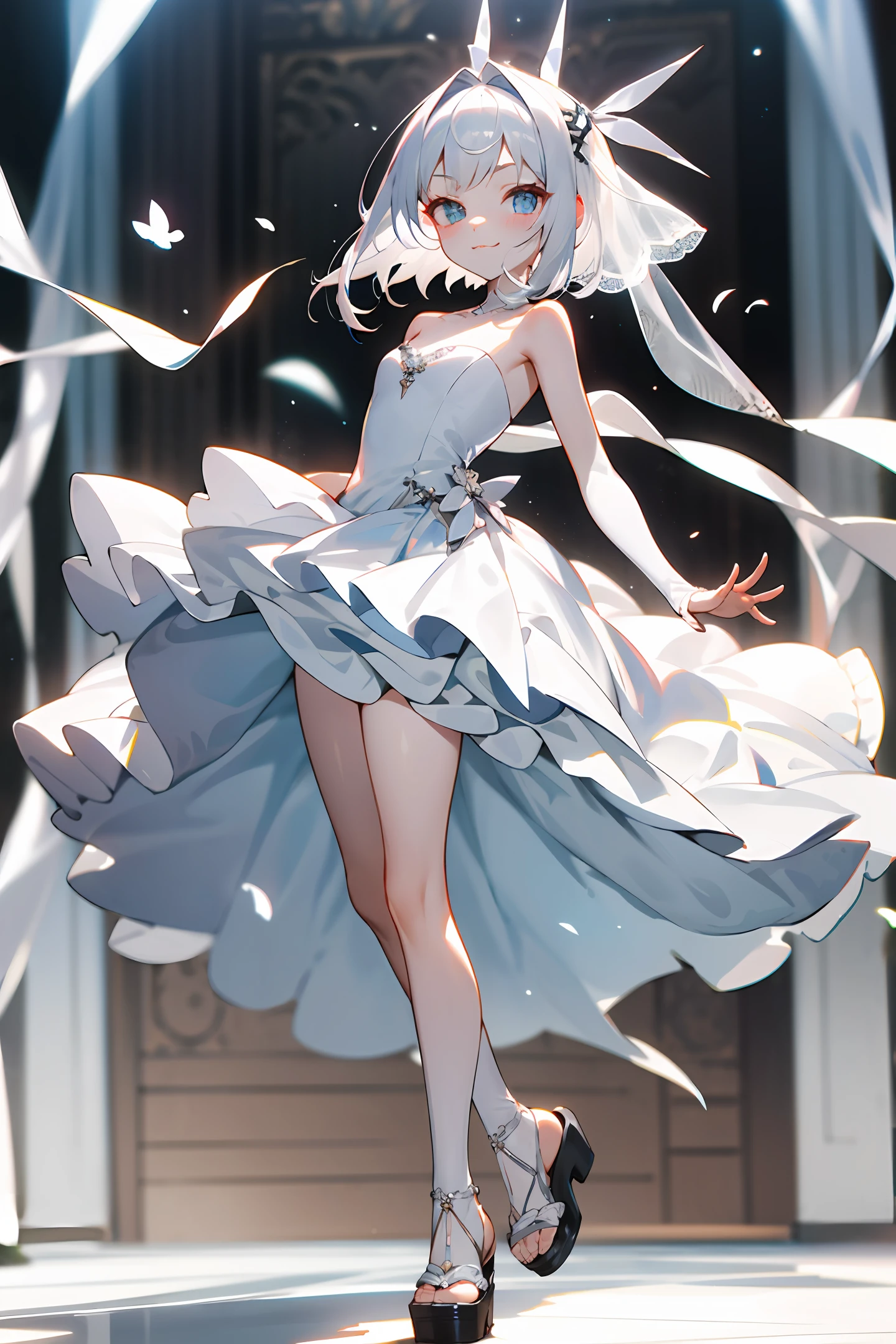 Girly loli face white skin silver hair full body bare legs white stockings fishmouth sandals superb wedding dress