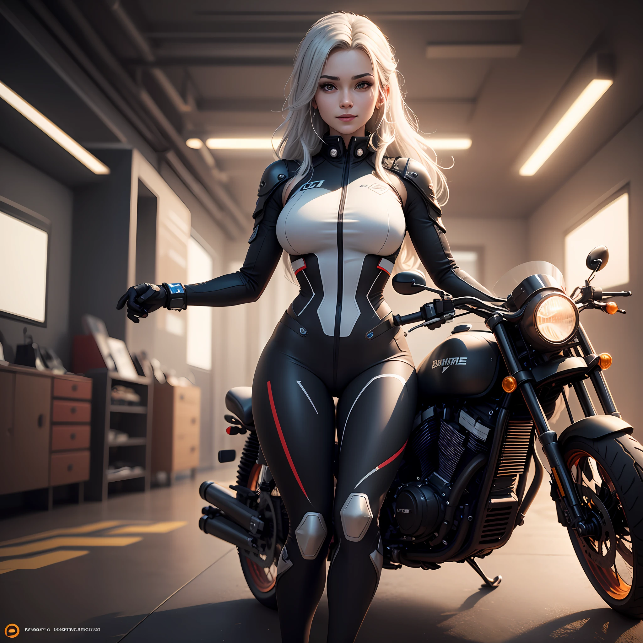 ((Best Quality)), ((Masterpiece)), (Detail: 1.4), 3D, A Beautiful Cyberpunk Female Figure, HDR (High Dynamic Range), Ray Tracing, NVIDIA RTX, Super-Resolution, Unreal 5, Subsurface Scattering, PBR Texture, Gray Hair, Incredibly Long Hair, Smile, Look Down, Ride a Motorcycle, Post-Processing, Vista, Full Body, Anisotropic Filtering, Depth of Field, Maximum Clarity and Clarity , Multilayer Textures, Albedo and Specular Maps, Surface Coloring, Accurate Simulation of Light-Material Interactions, Perfect Proportions, Octane Render, Bicolor Light, Large Aperture, Low ISO, White Balance, Rule of Thirds, 8K RAW, --auto