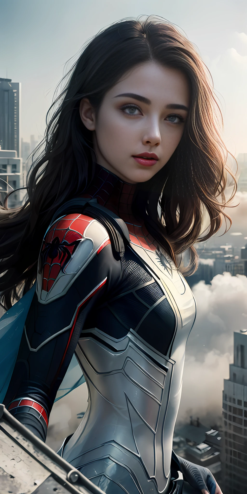 (1girl:1.3), Solo, (((Very detailed face)))), ((Very detailed eyes and face)))), Beautiful detail eyes, Body parts__, Official art, Unified 8k wallpaper, Super detailed, beautiful and beautiful, beautiful, masterpiece, best quality, original, masterpiece, super fine photo, best quality, super high resolution, realistic realism, sunlight, full body portrait, amazing beauty, dynamic pose, delicate face, vibrant eyes, (from the front), She wears Spider-Man suit, red and black color scheme, spider, very detailed city roof background, rooftop, overlooking the city, detailed face, detailed complex busy background, messy, gorgeous, milky white, highly detailed skin, realistic skin details, visible pores, clear focus, volumetric fog, 8k uhd, DSLR, high quality, film grain, fair skin, photo realism, lomography, futuristic dystopian megalopolis, translucent