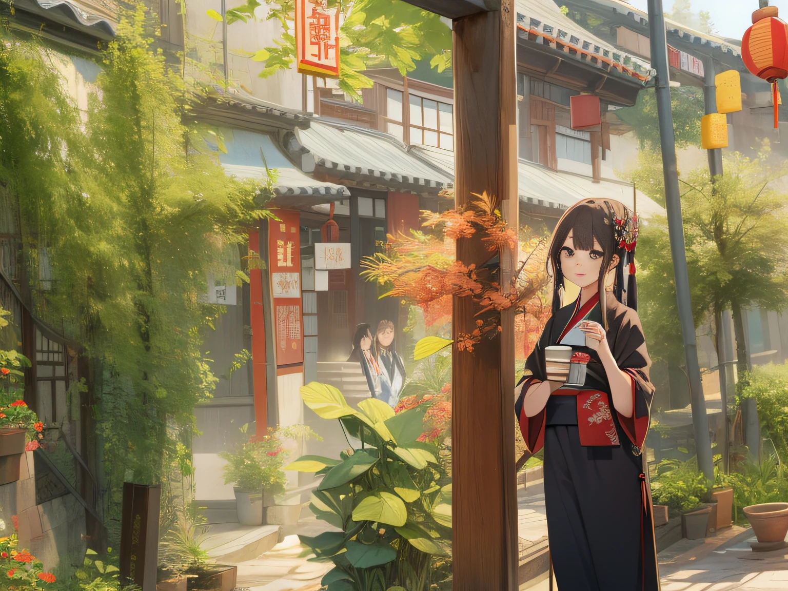 Chinese girl, dreamy Chinese towns, Hanfu style, Holding a coffee cup,ancient city streets behind her, with ancient chinese aesthetic, in a narrow chinese alley,In a Japanese anime style