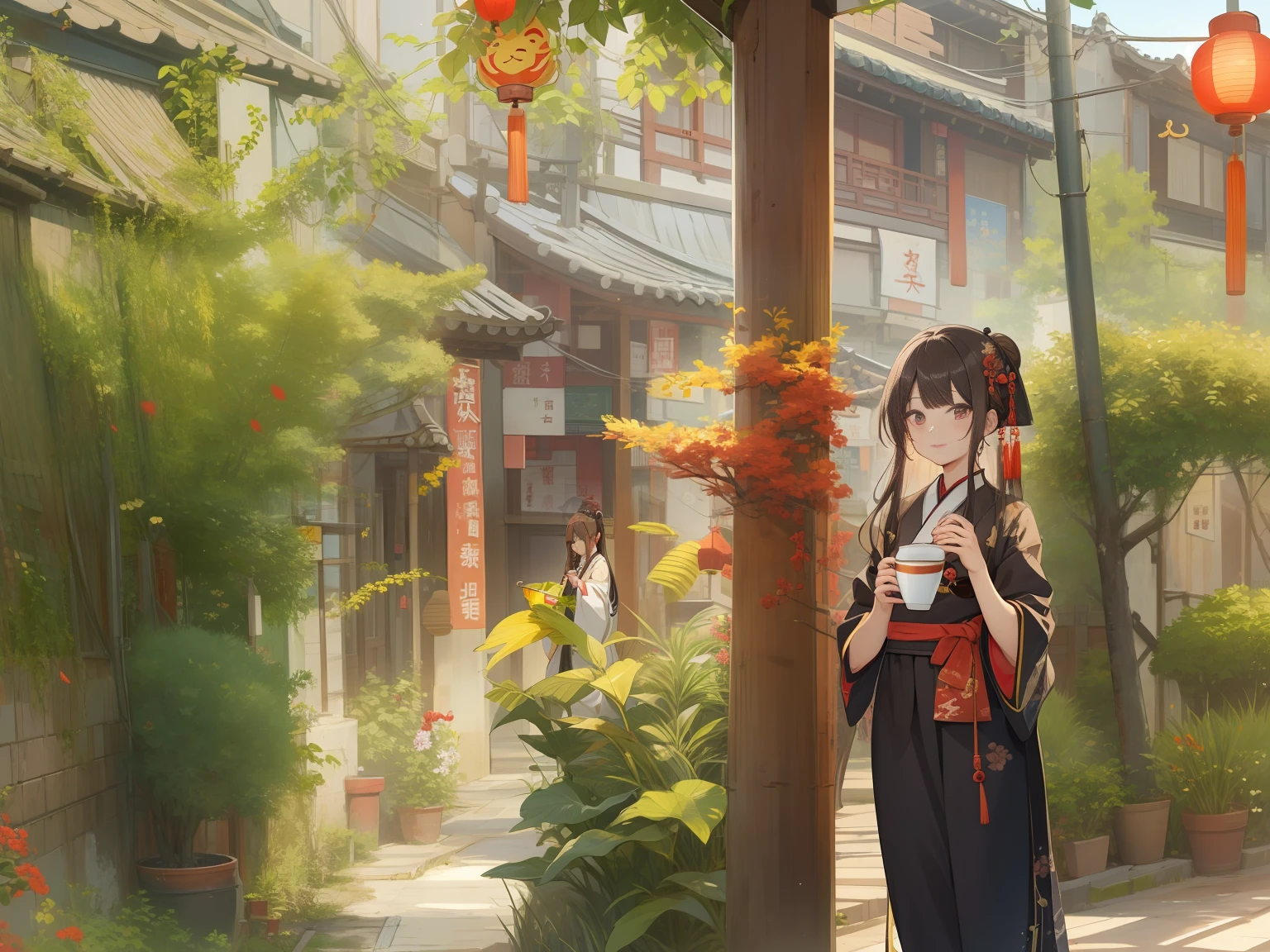 Chinese girl, dreamy Chinese towns, Hanfu style, Holding a coffee cup，ancient city streets behind her, with ancient chinese aesthetic, in a narrow chinese alley,In a Japanese anime style