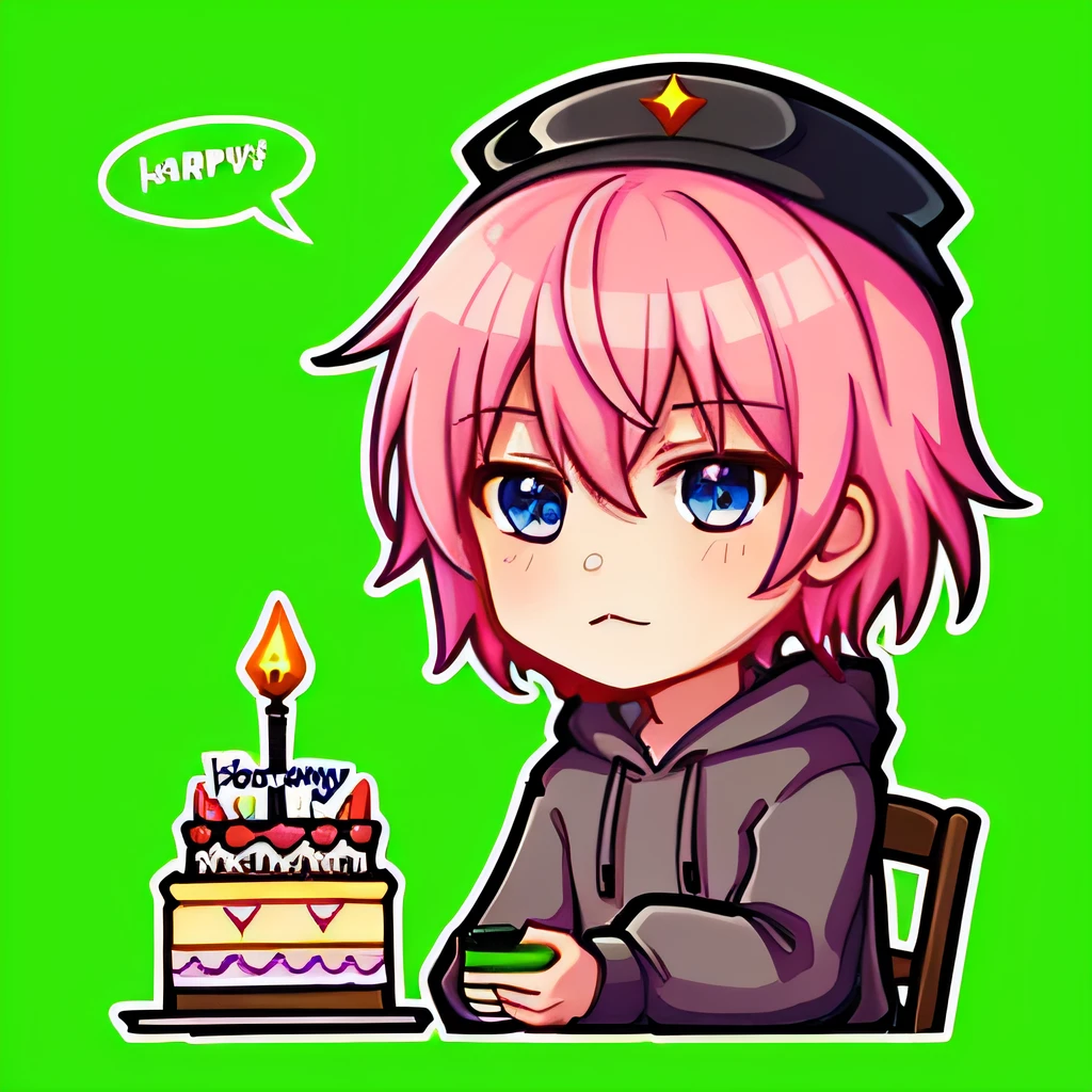 A boy with, (natsuki:1.2), Pink hair,"/imagine prompt:Emoji table
Anime boy with pink hair wearing hoodie,Blue eyes，Cute boy with short pink hair, Anime boy, Anime moe art style, official fan work, advanced digital chibi art, zero zen art,  High quality anime art style, Pisif, anime chibi, anime style character, Chibi Art, Game art!, Facial expression:Wear a birthday hat，Wear a birthday hat，Wear a birthday hat，Wear a birthday hat。。Small cake in hand，Small cake in hand，Small cake in hand。and other expressions are completely physical shooting,anthropomorphic styles,Vector illustration,White background --ar 16:9 --q .5 --niji 5