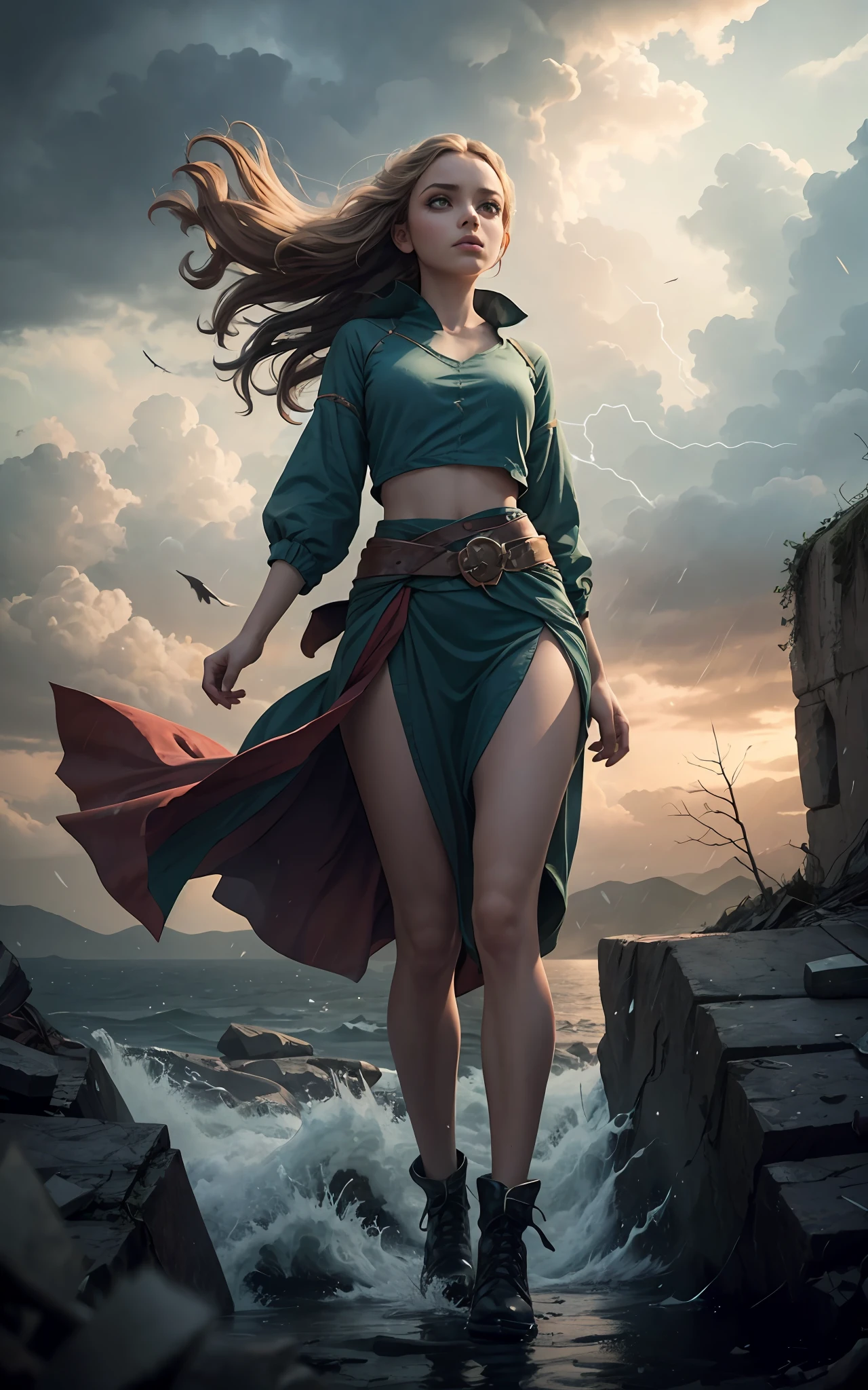 An outstanding beautiful girl standing on cliff painting, (wind:1.6), (tornado), (hurricane:1.3), (flowing hair), long lime hair, green big eyes, thin waist, wide hips, magic colors, Ultra HD, 8K, real skin texture, best light, best shadow, action, wizarding world, Prone view, small mouth, small nose, big eyes, cute, full body, perfect body proportions, enhanced contrast, void fragments