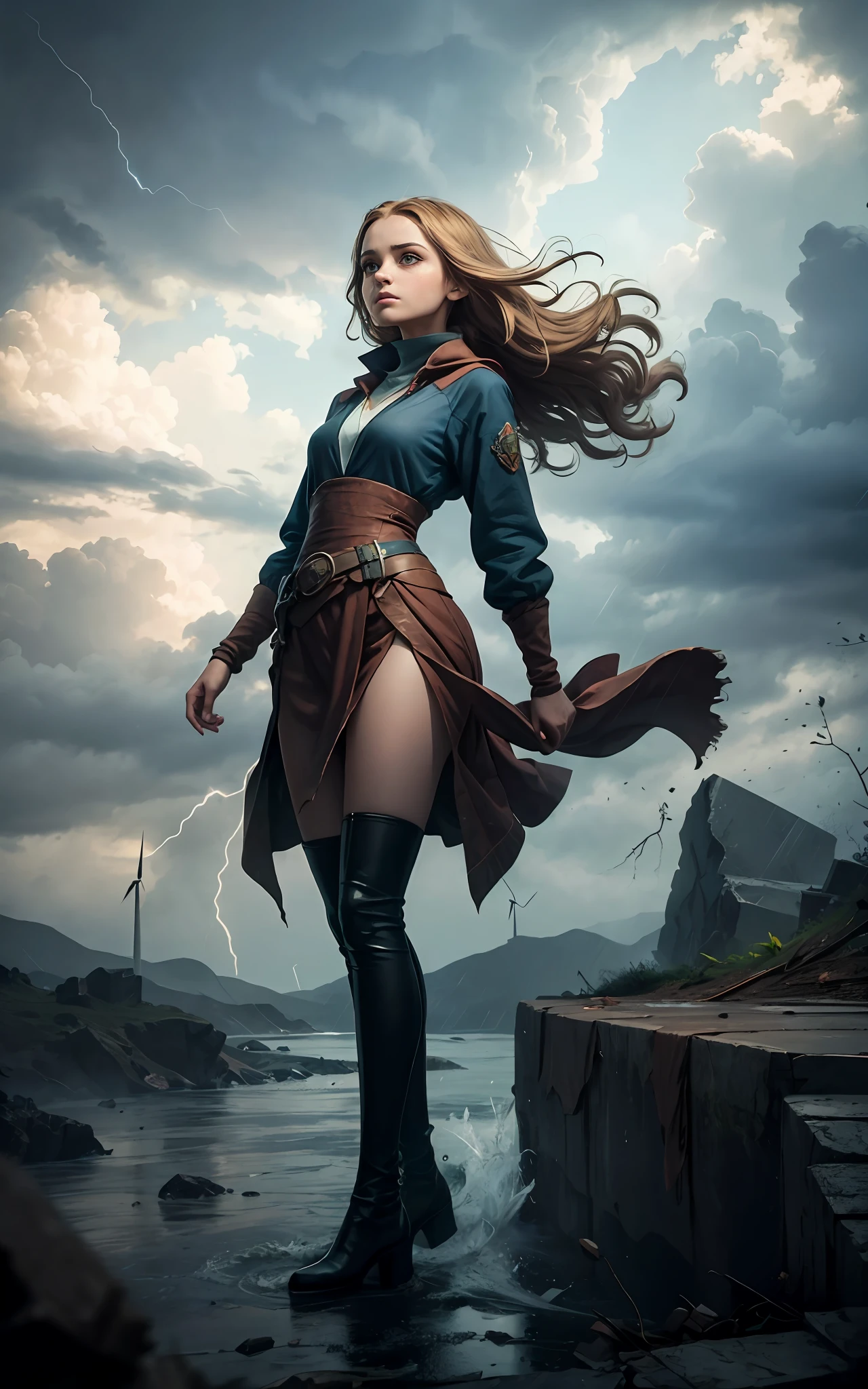 An outstanding beautiful girl standing on cliff painting, (wind:1.6), (tornado), (hurricane:1.3), (flowing hair), long lime hair, green big eyes, thin waist, wide hips, magic colors, Ultra HD, 8K, real skin texture, best light, best shadow, action, wizarding world, Prone view, small mouth, small nose, big eyes, cute, full body, perfect body proportions, enhanced contrast, void fragments