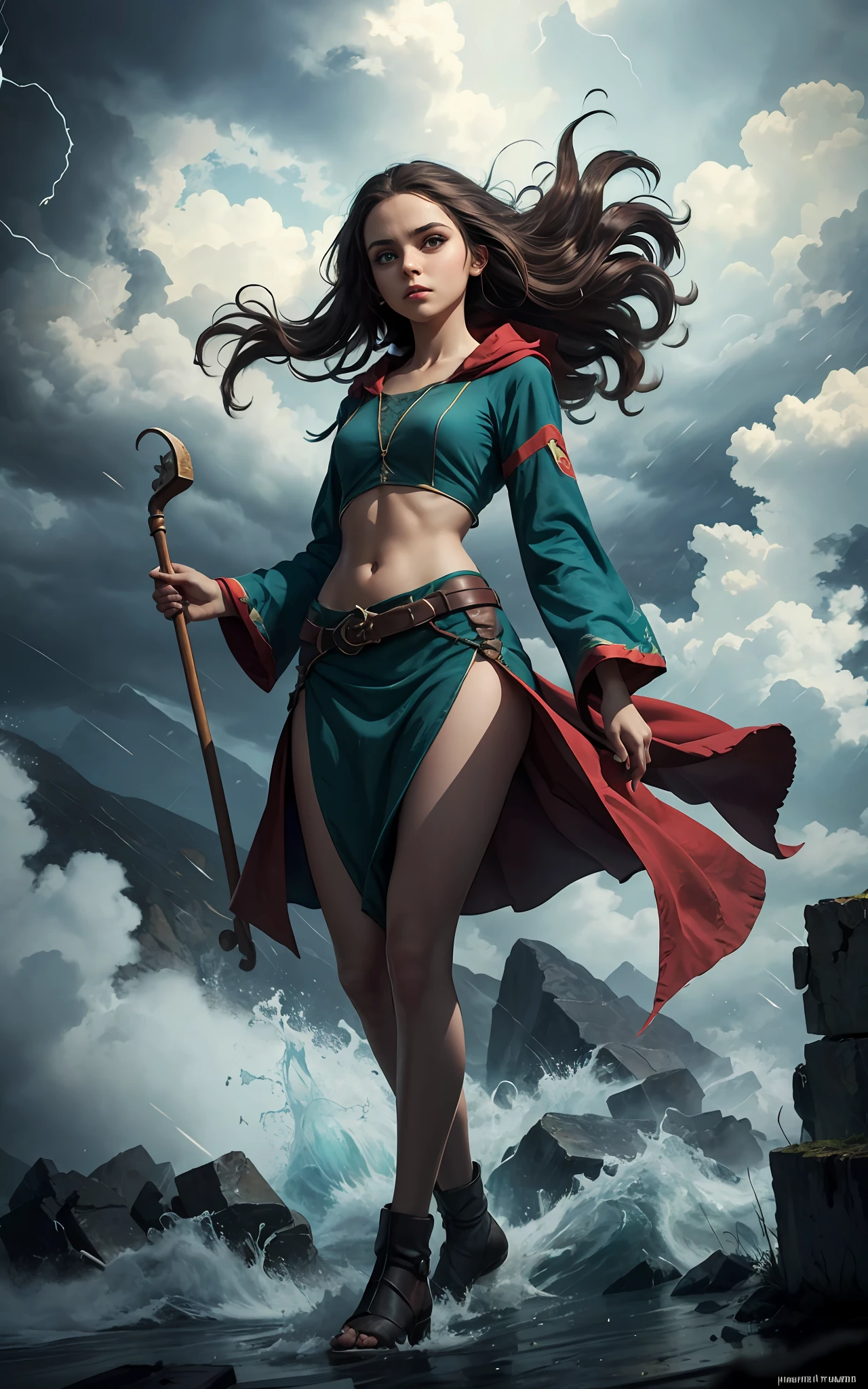 An outstanding beautiful girl standing on cliff painting, (wind:1.6), (tornado), (hurricane:1.3), (flowing hair), long lime hair, green big eyes, thin waist, wide hips, magic colors, Ultra HD, 8K, real skin texture, best light, best shadow, action, wizarding world, Prone view, small mouth, small nose, big eyes, cute, full body, perfect body proportions, enhanced contrast, void fragments