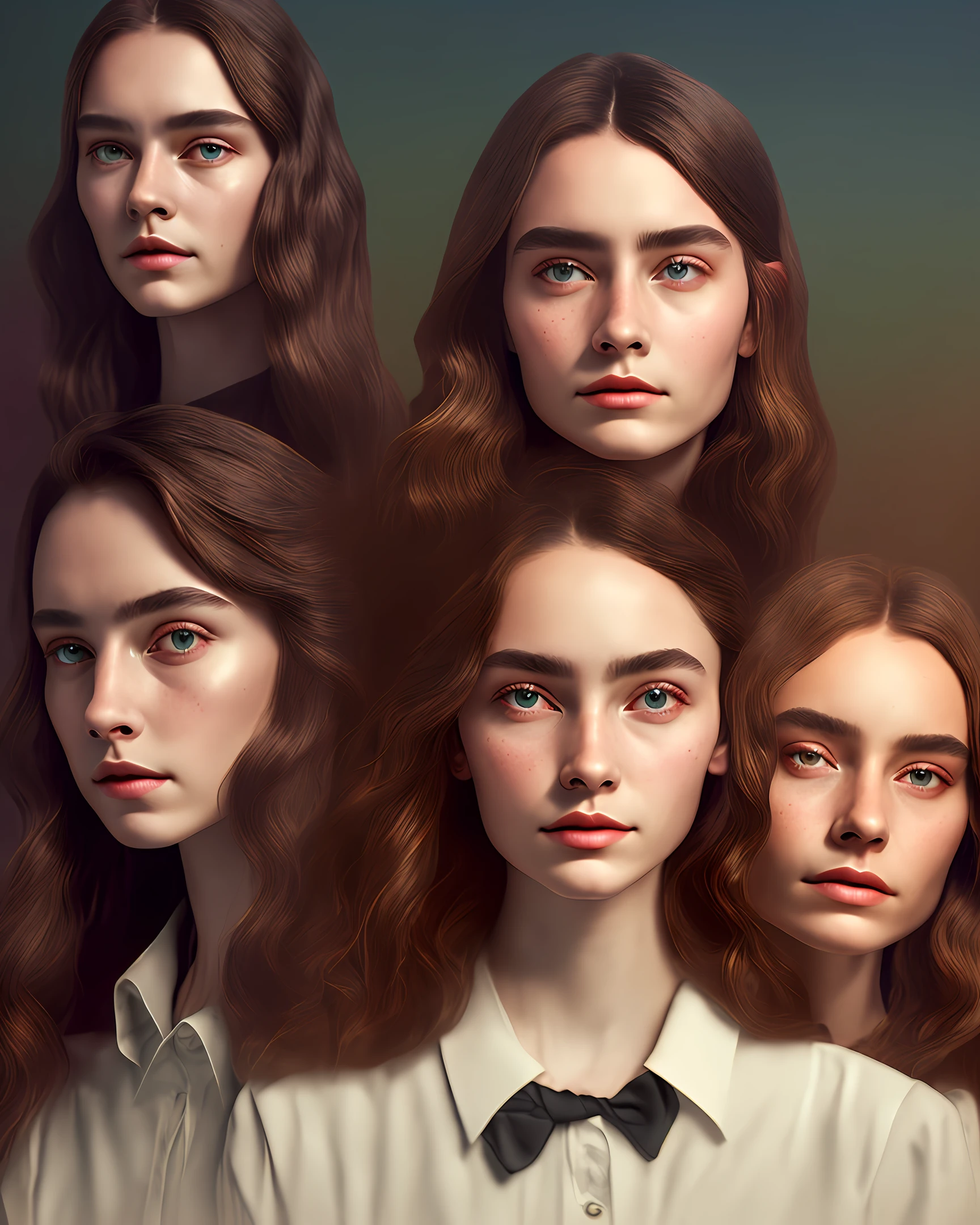 Surrealist female portraits by David Hockney and Alphonse Mucha, fantasy art, photorealism, dynamic lighting, artstation, poster, volumetric lighting, very detailed faces, 4k, award-winning, 1girl, in the dark, deep shadows, low-key, denim photos, (formal wear: 1.4), long hair, brunette,