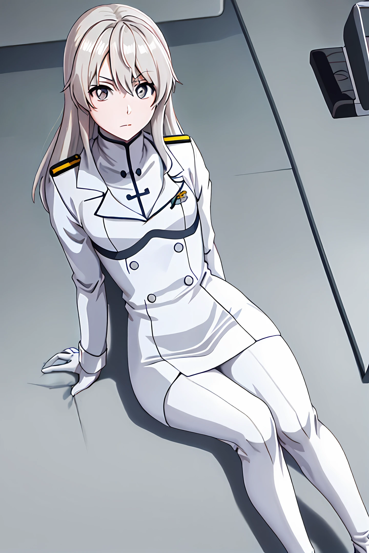 white skinned,White navy uniform,The chest is small,The upper part of the body,In an empty classroom,Superb beauty