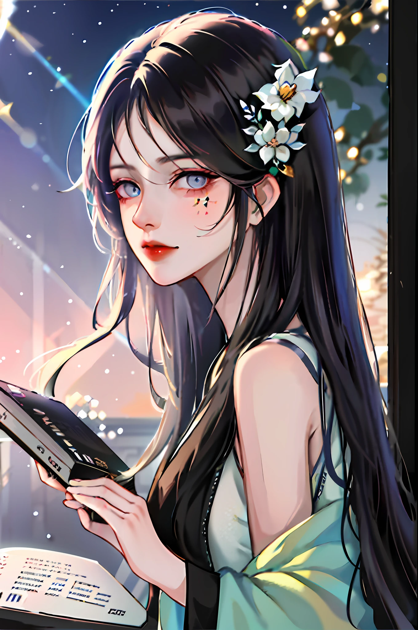 tmasterpiece,best qualtiy,offcial art,8k wallpaper,The is very detailed,illustratio,1个Giant Breast Girl,Black hair,long whitr hair,Detailed eyes,libraryai,looking at book,Fine black robes,soft sun light,Lateral face