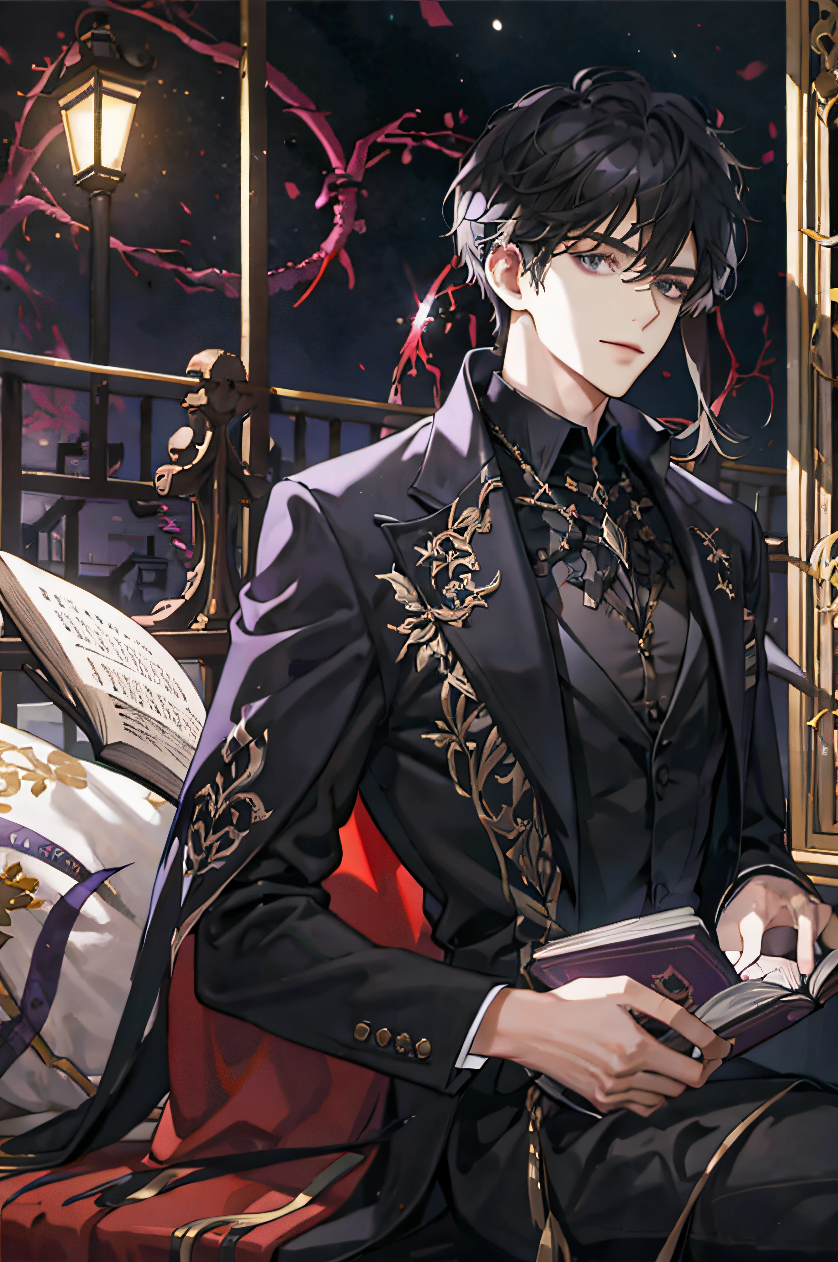 Black-haired man， Black eyes， Handsome，The expression is disdainful，A mocking laugh ，magestic，looking at book， high high quality， highly  detailed， Black eyes，medium long curly hair，The purple snake is by his side， lamplight， Purple magic array， delicated， In black suit，Black tunic，Gorgeous detail pattern on suit，sitted