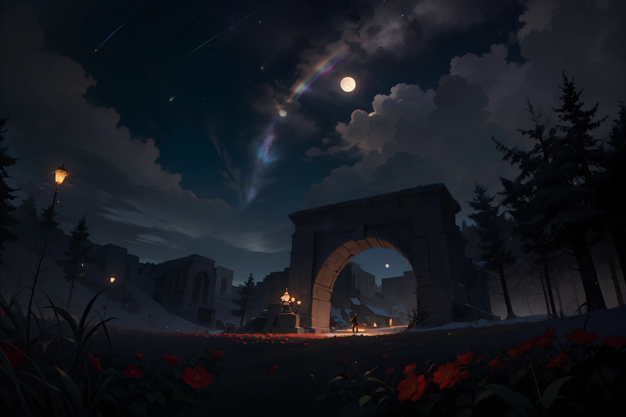 A wide landscape photo, (viewed from below, the sky is above, and the open field is below), a girl standing on a flower field looking up, (full moon: 1.2), (meteor: 0.9), (nebula: 1.3), distant mountains , Trees BREAK Crafting Art, (Warm Light: 1.2), (Firefly: 1.2), Lights, Lots of Purple and Orange, Intricate Details, Volumetric Lighting BREAK (Masterpiece: 1.2), (Best Quality), 4k, Ultra Detailed, (Dynamic Composition: 1.4), Rich in Detail and Color, (Rainbow Color: 1.2), (Glow, Atmospheric Lighting), Dreamy, Magical, (Solo: 1.2)